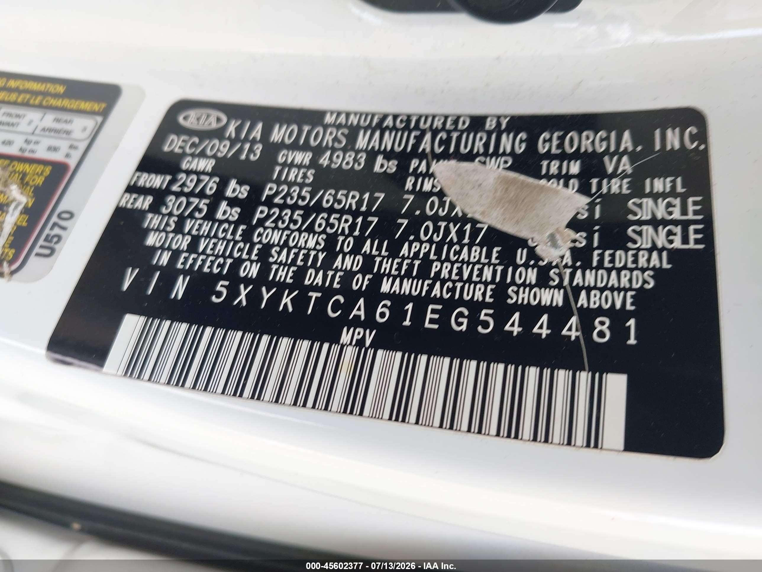 2014 Kia Sorento Lx White vin: 5XYKTCA61EG544481