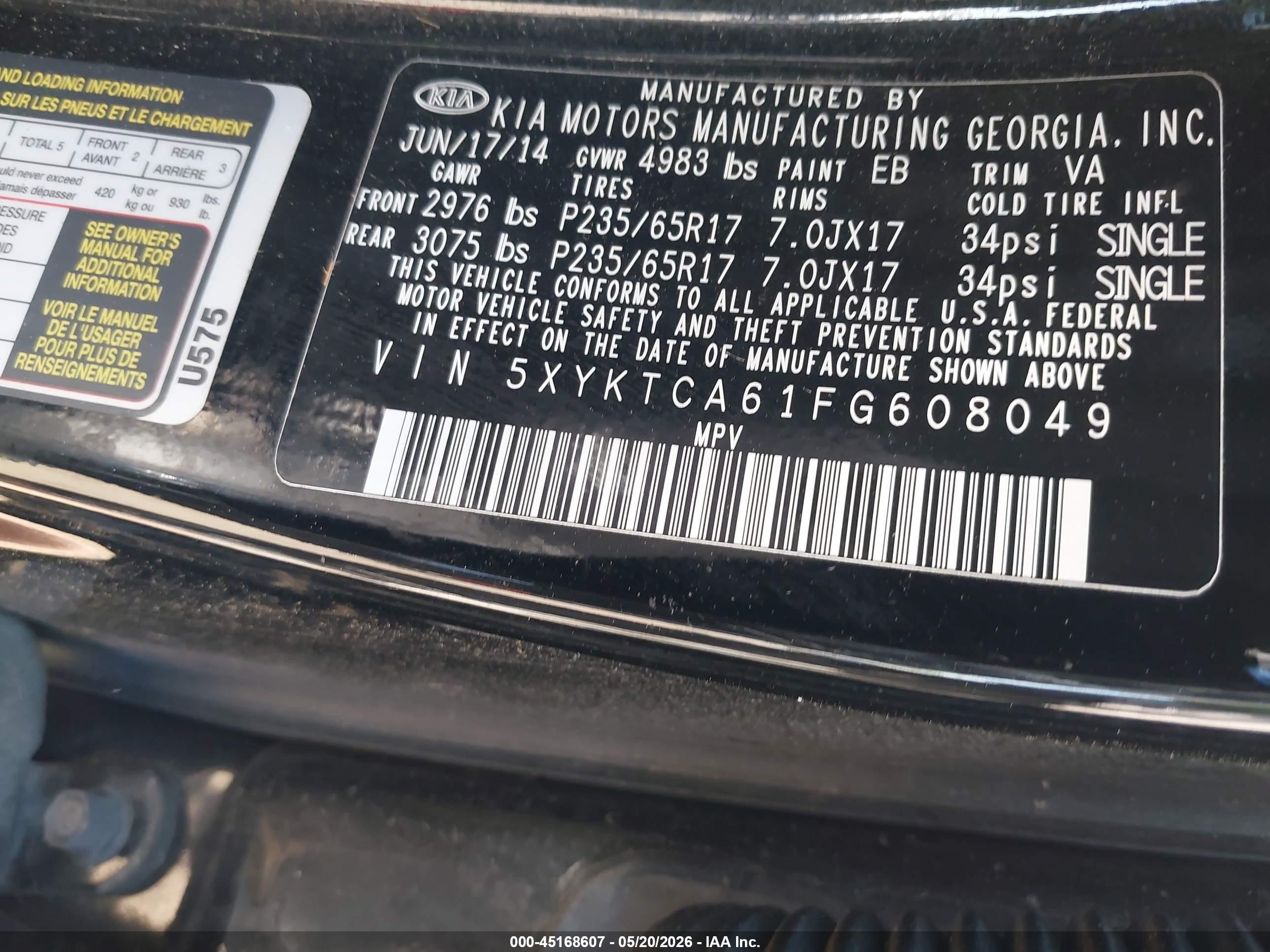 2015 Kia Sorento Lx Black vin: 5XYKTCA61FG608049