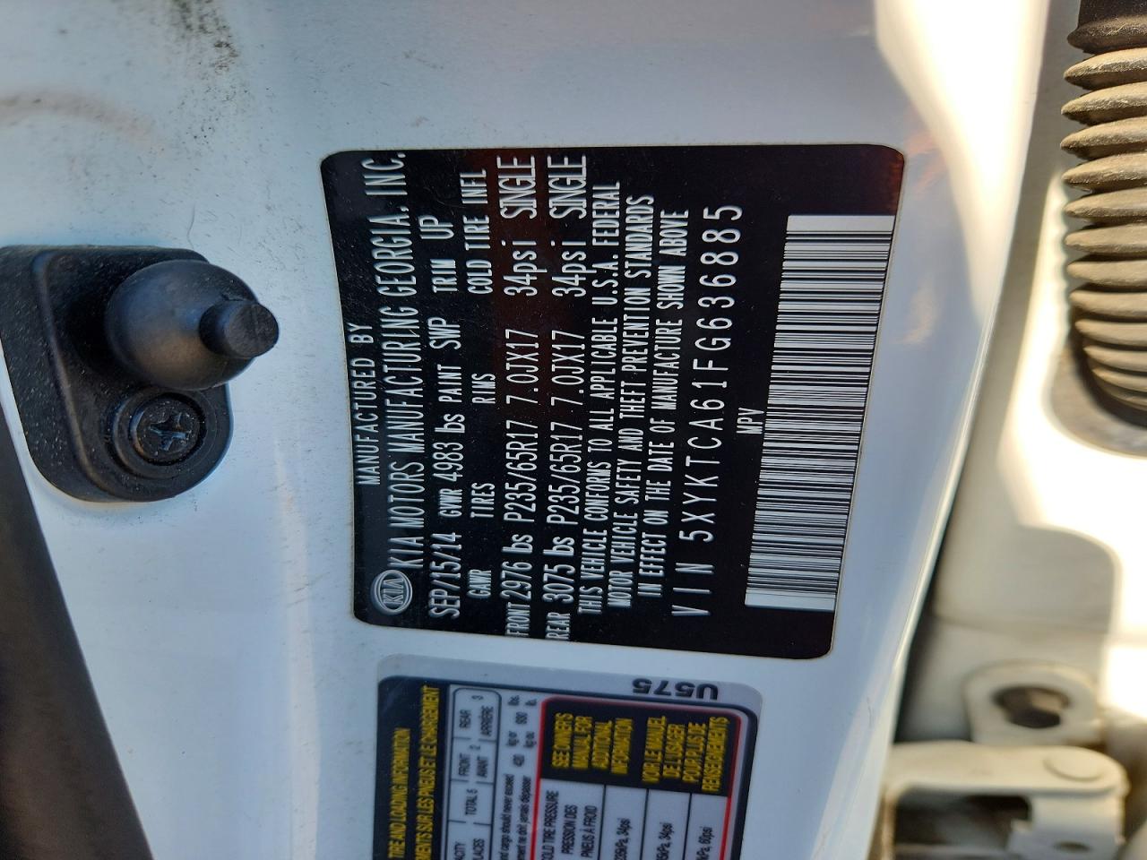 2015 Kia Sorento Lx White vin: 5XYKTCA61FG636885