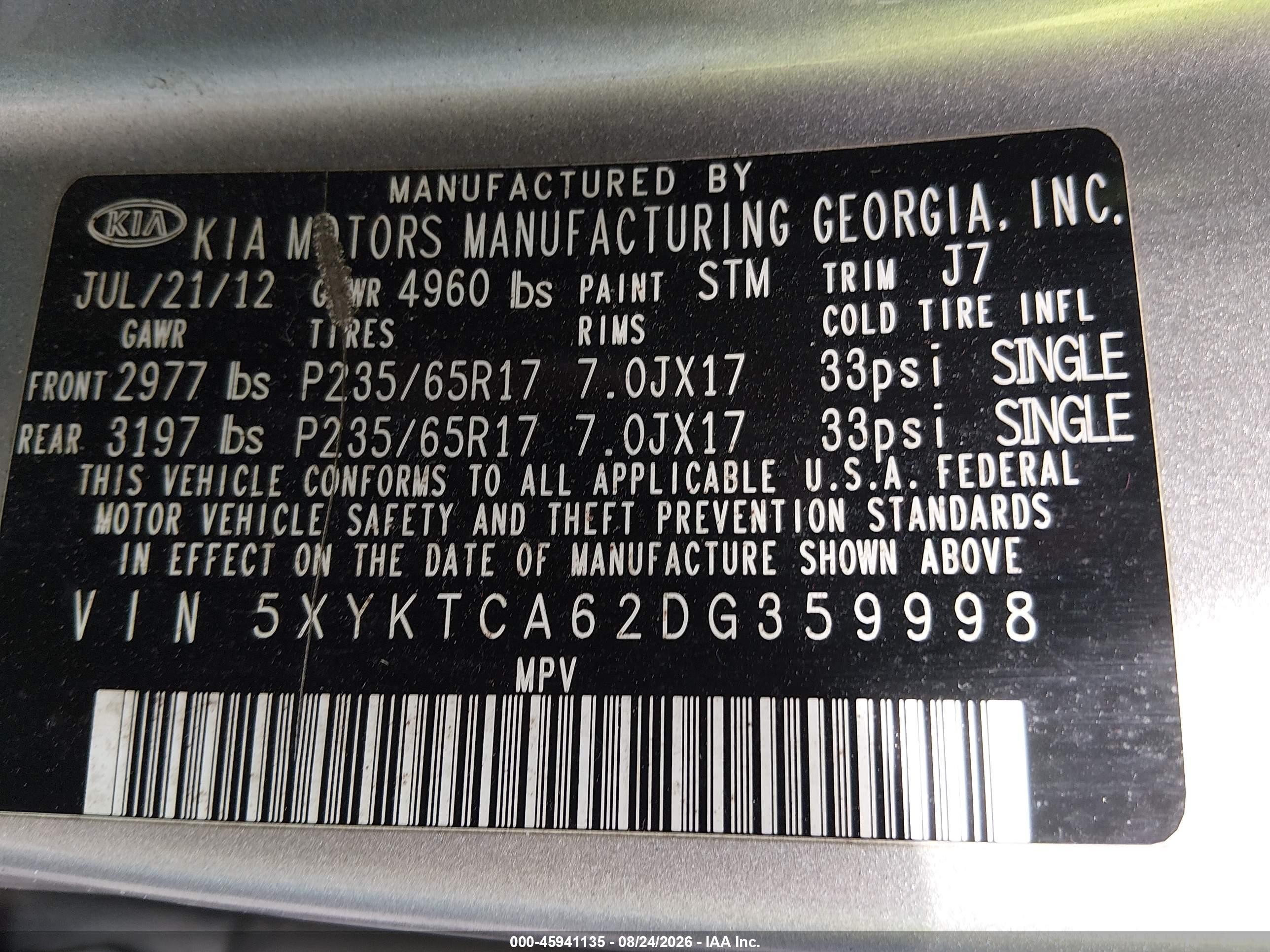 2013 Kia Sorento Lx Gray vin: 5XYKTCA62DG359998