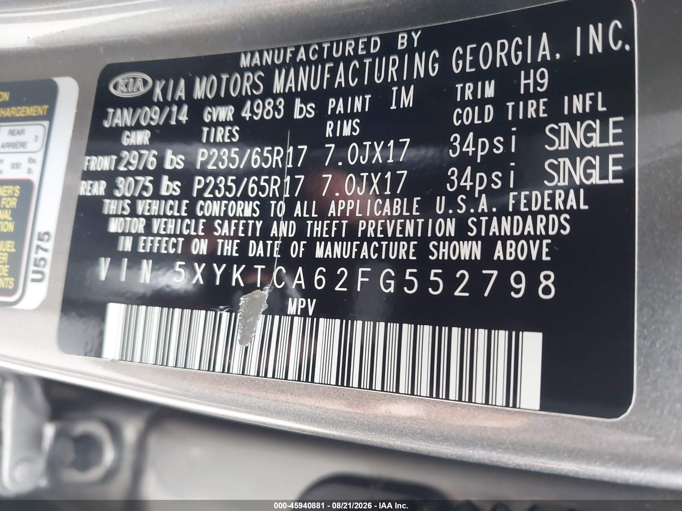 2015 Kia Sorento Lx Gray vin: 5XYKTCA62FG552798