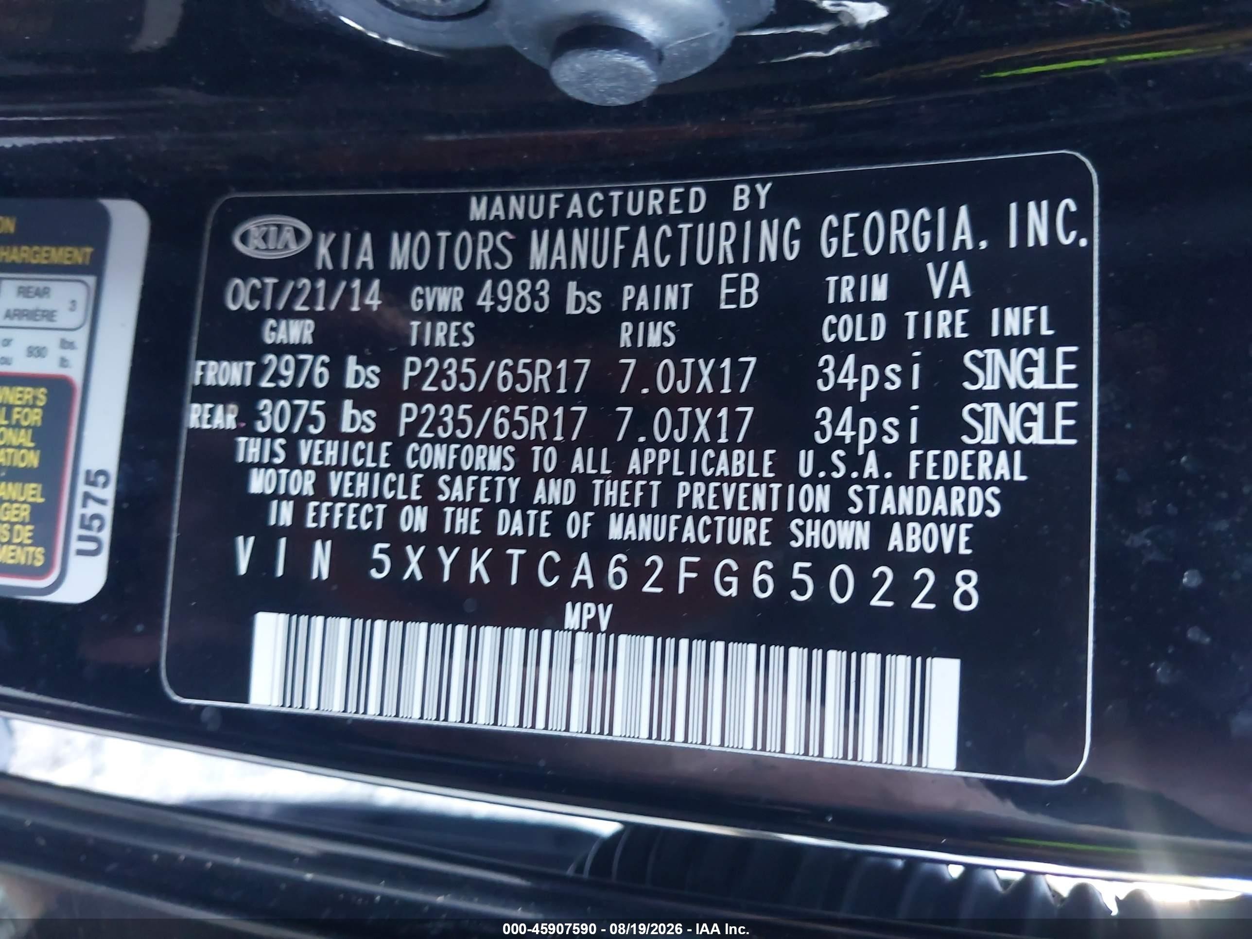 2015 Kia Sorento Lx Black vin: 5XYKTCA62FG650228