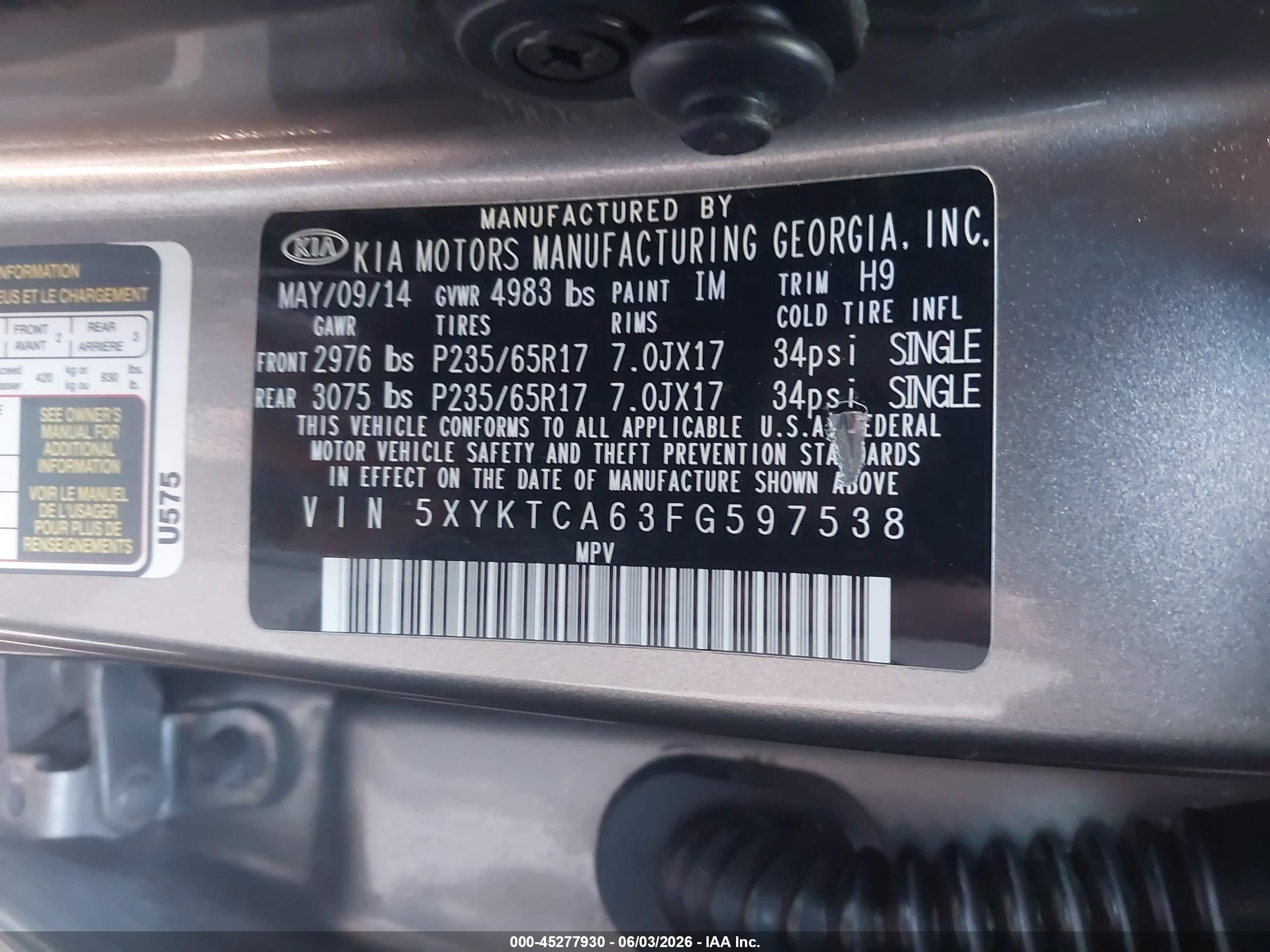 2015 Kia Sorento Lx Gray vin: 5XYKTCA63FG597538