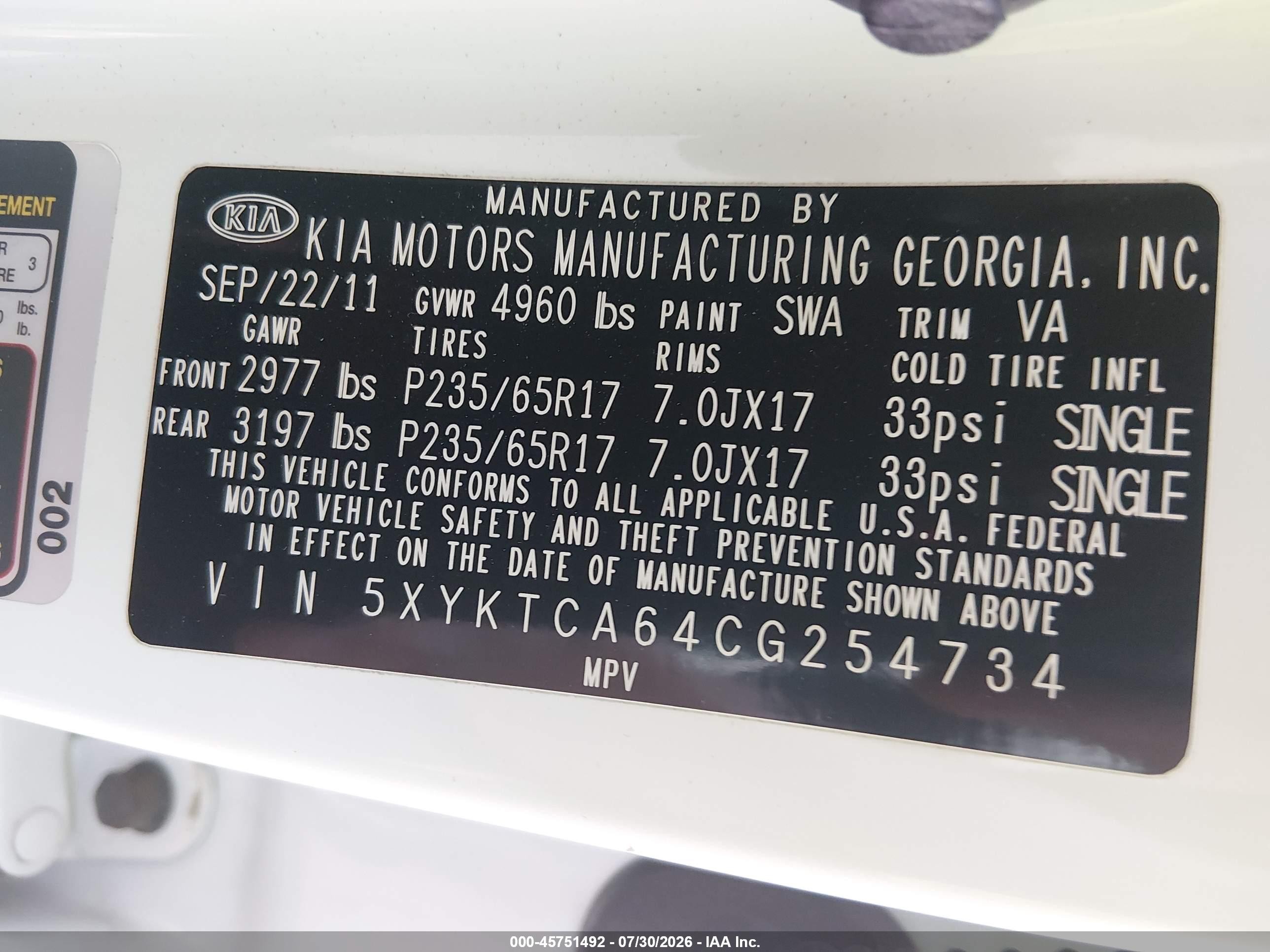 2012 Kia Sorento Lx White vin: 5XYKTCA64CG254734