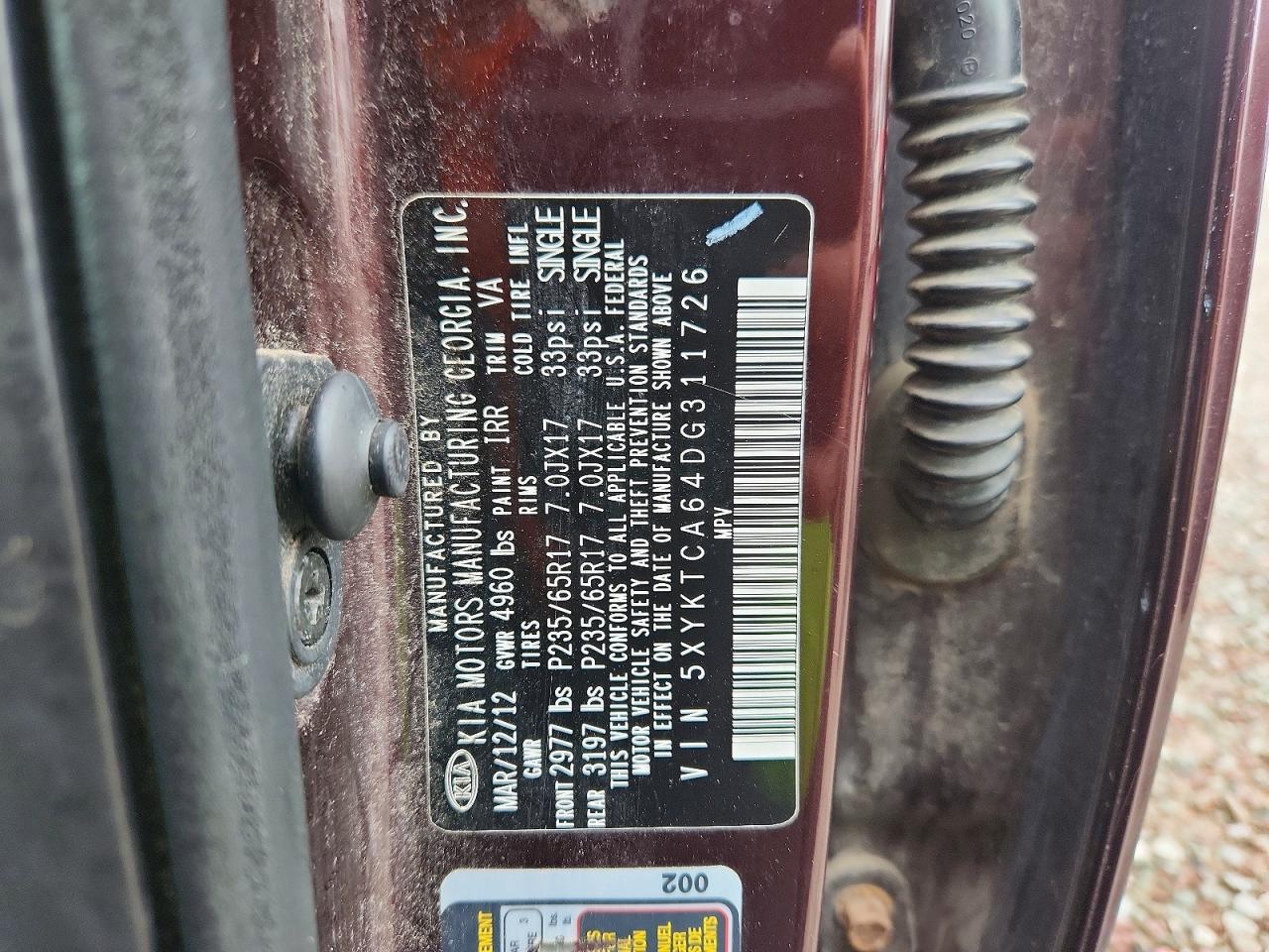 2013 Kia Sorento Lx Burgundy vin: 5XYKTCA64DG311726