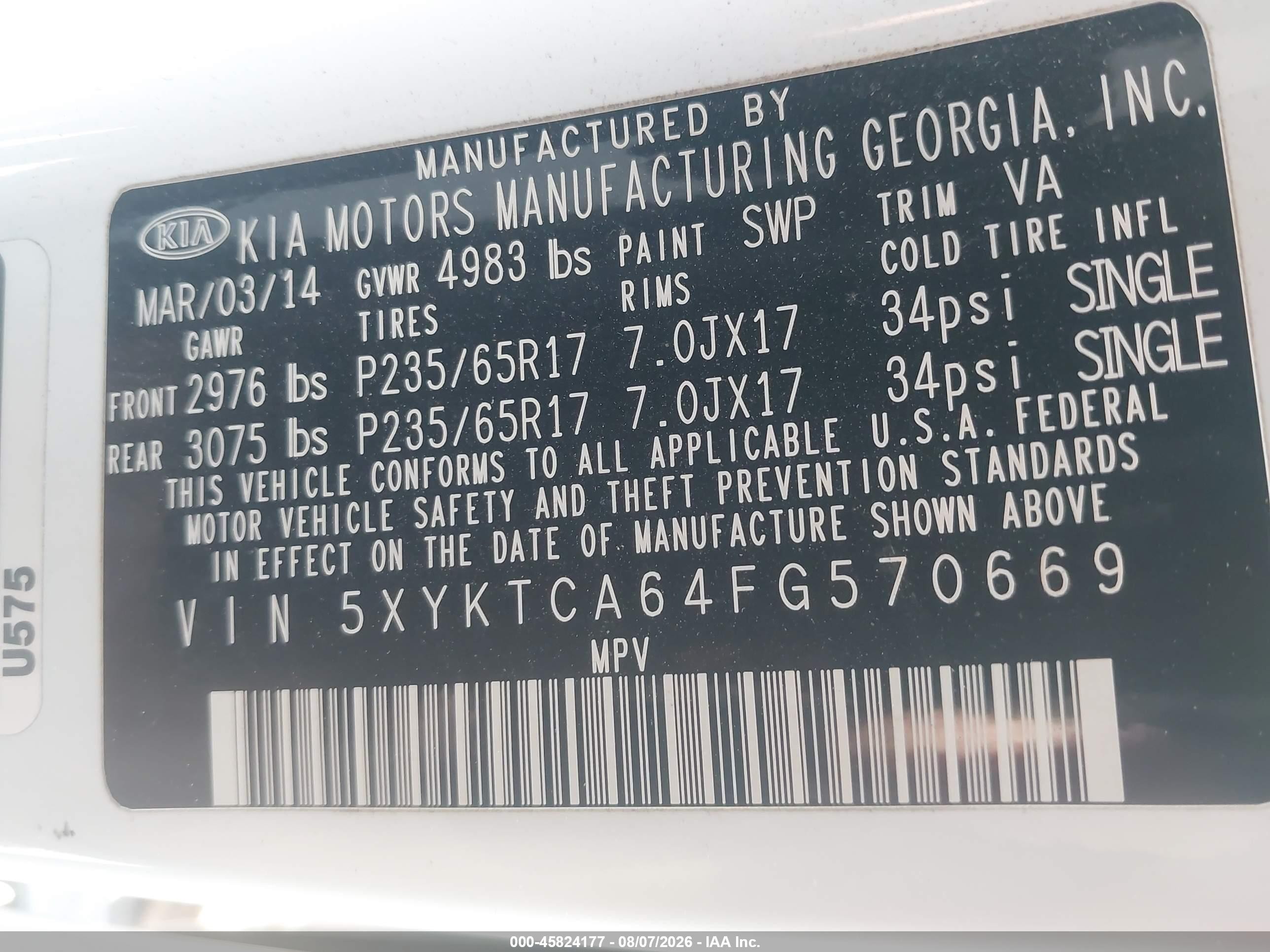 2015 Kia Sorento Lx White vin: 5XYKTCA64FG570669