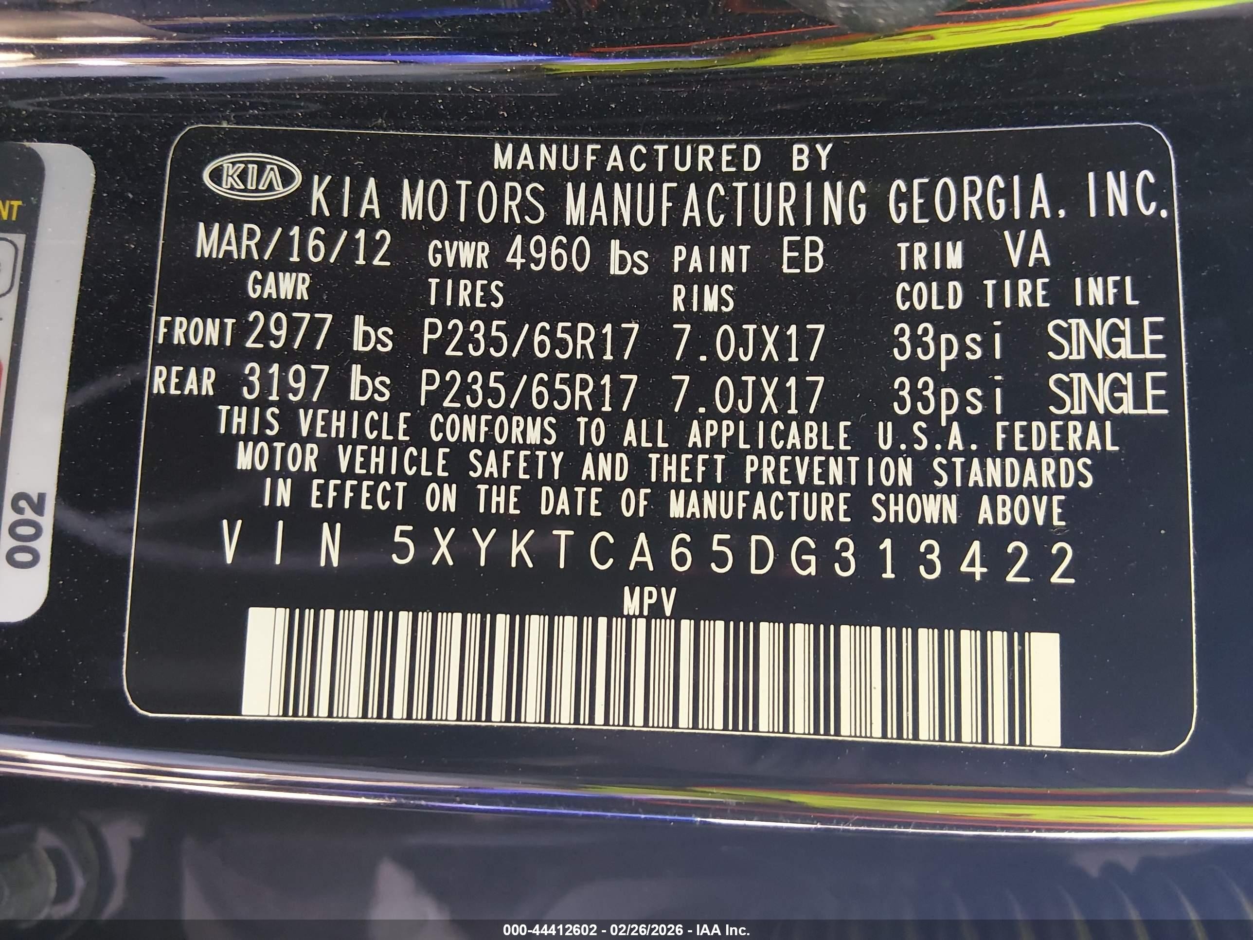2013 Kia Sorento Lx Black vin: 5XYKTCA65DG313422