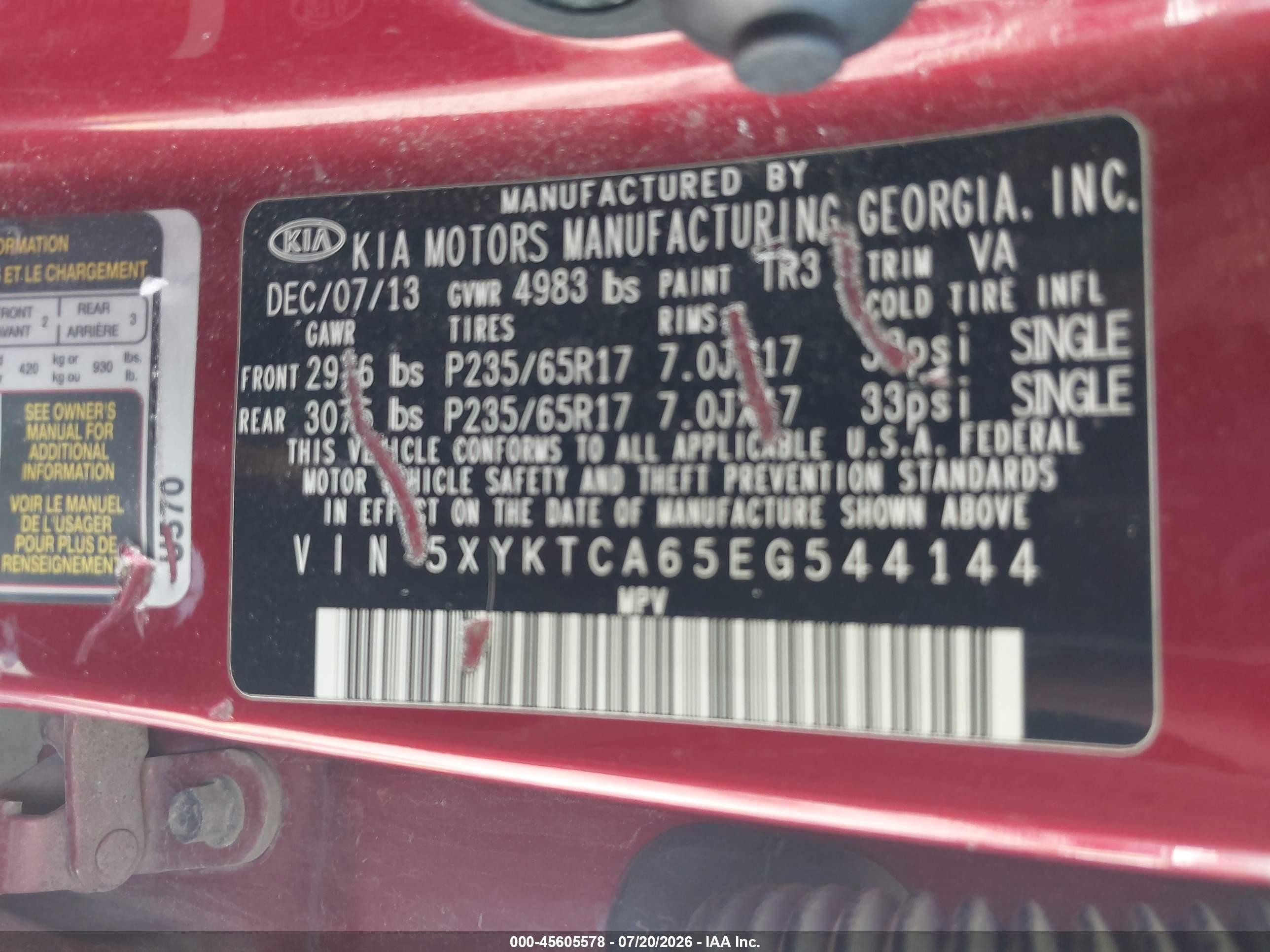 2014 Kia Sorento Lx Red vin: 5XYKTCA65EG544144
