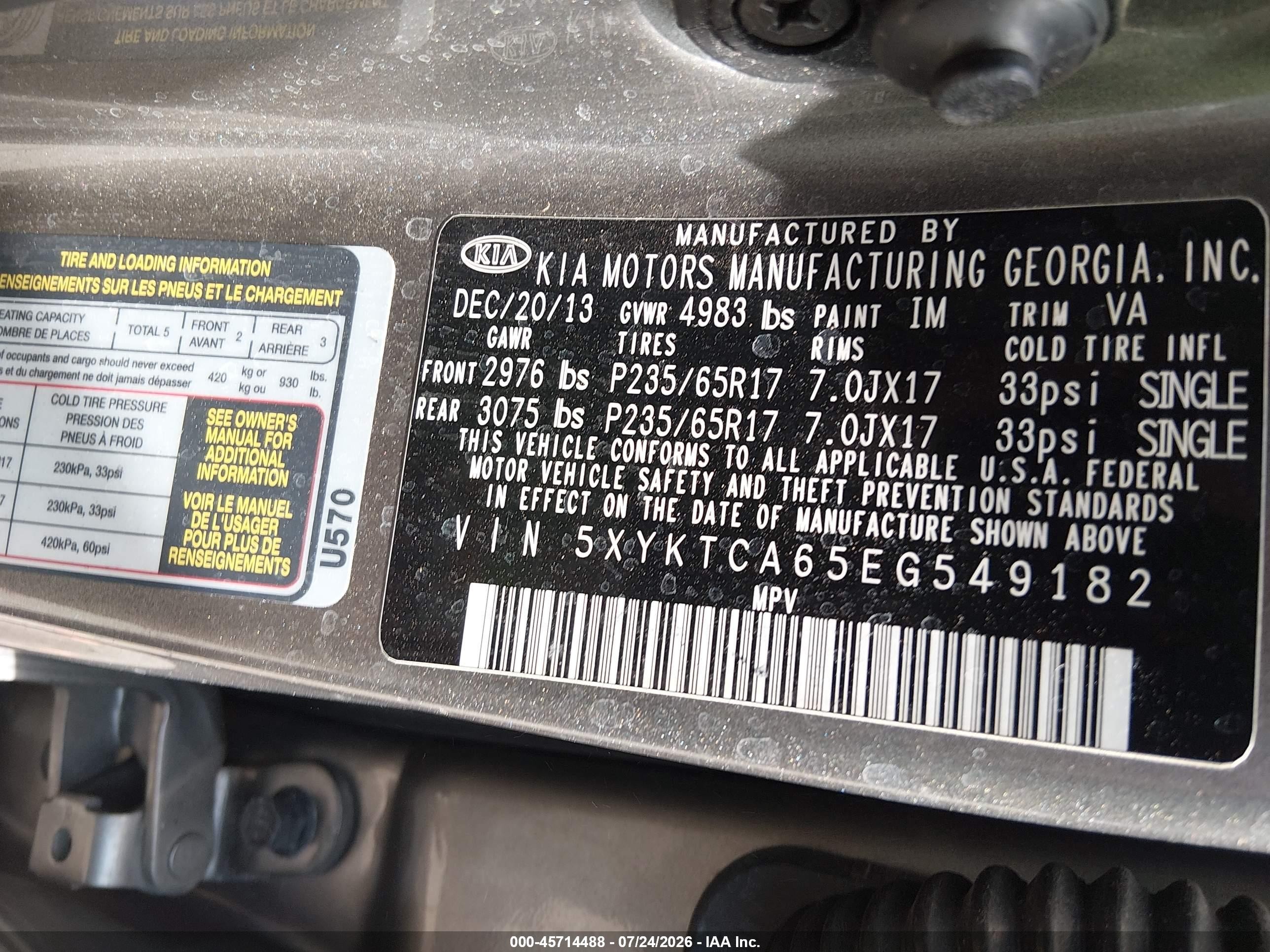 2014 Kia Sorento Lx Gray vin: 5XYKTCA65EG549182