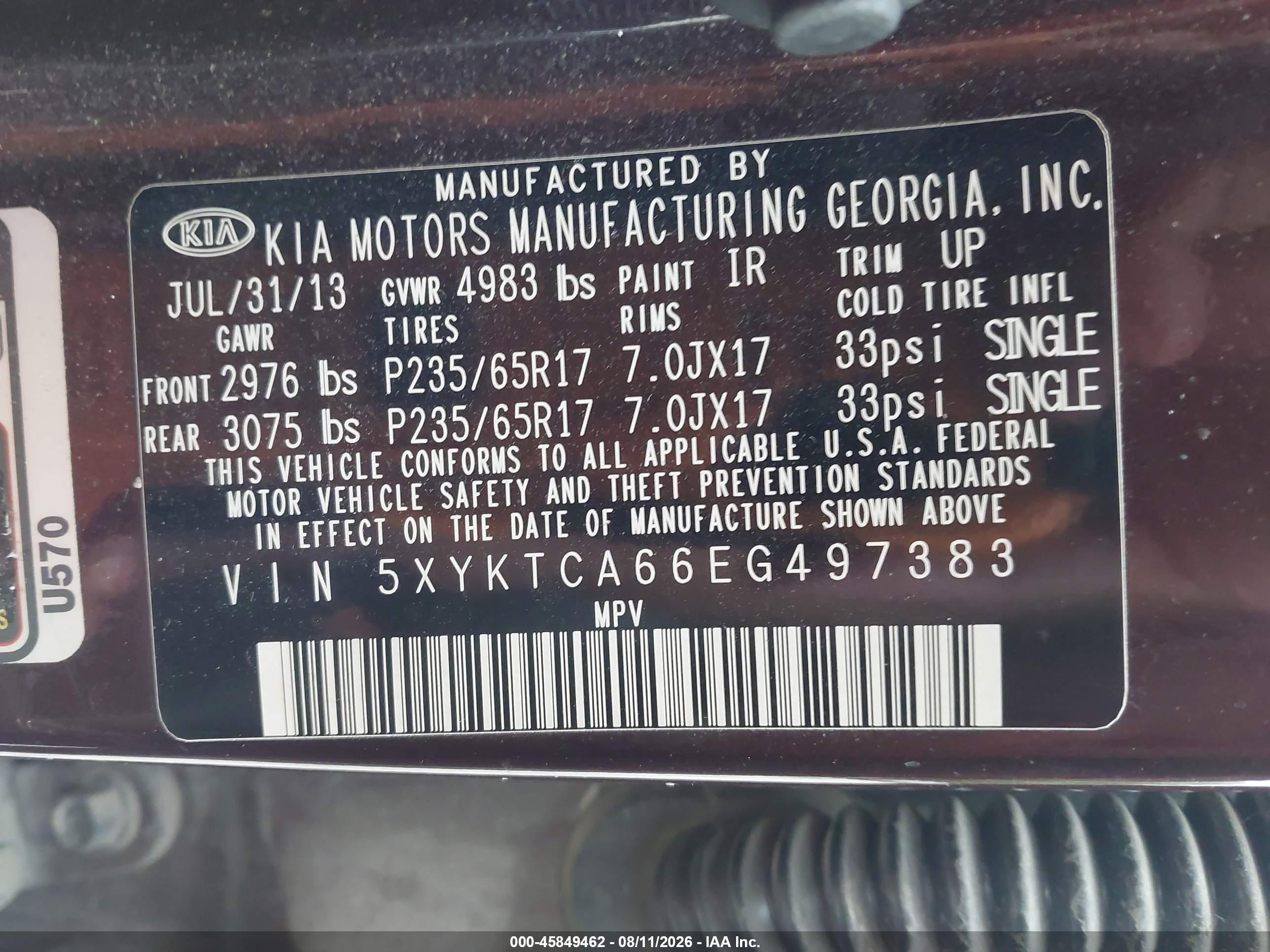 2014 Kia Sorento Lx Бордовый vin: 5XYKTCA66EG497383