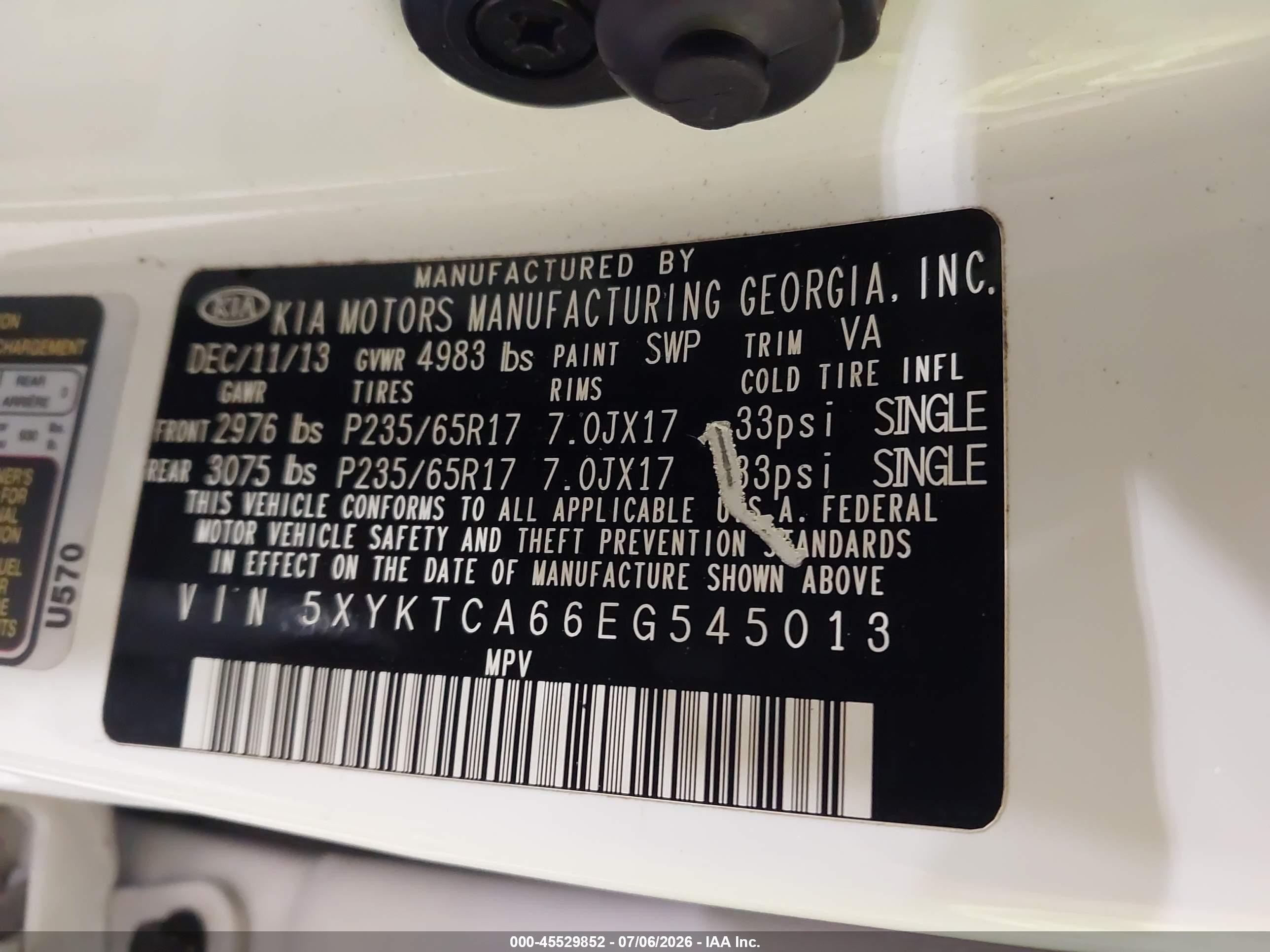 2014 Kia Sorento Lx White vin: 5XYKTCA66EG545013