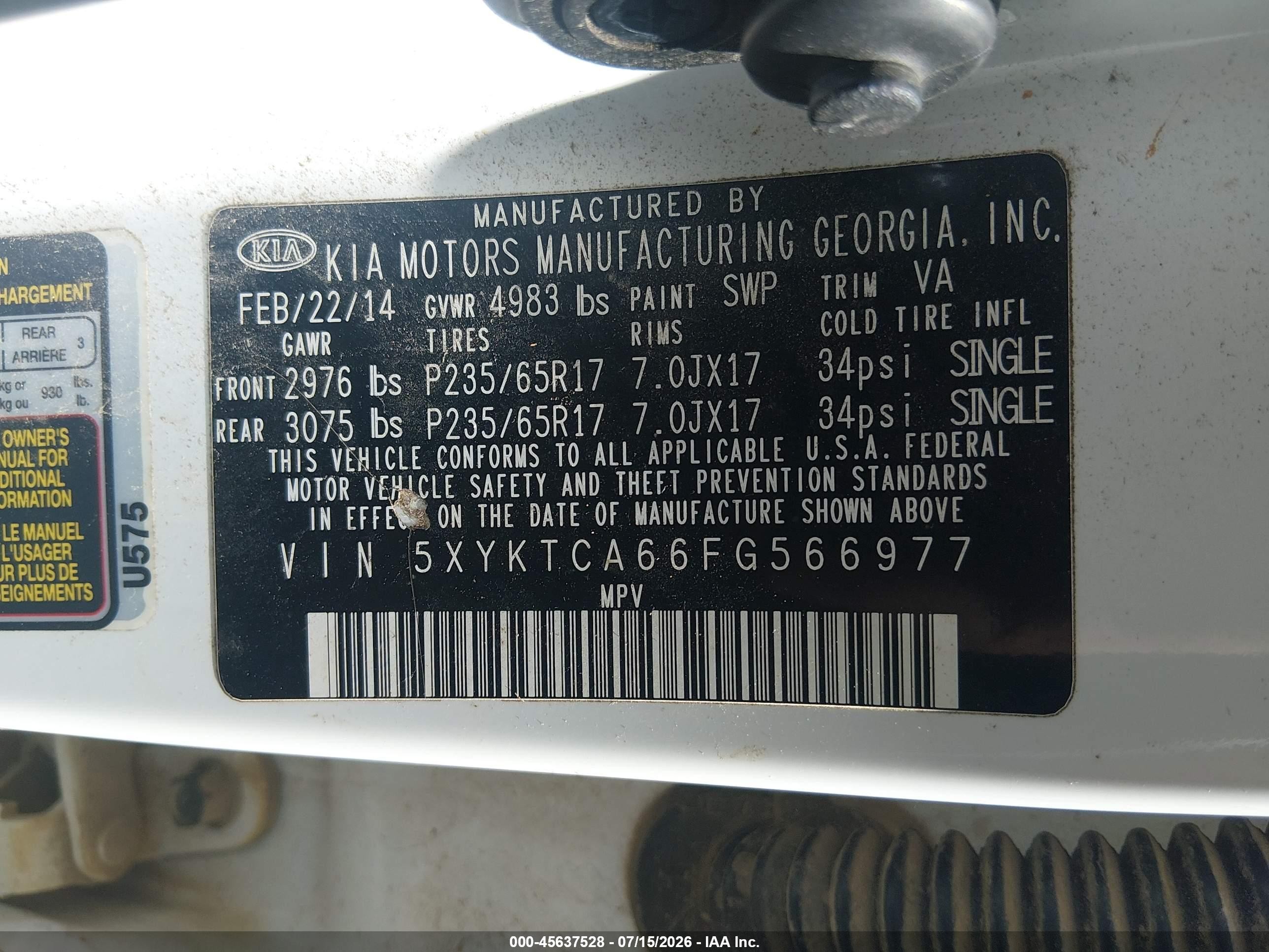 2015 Kia Sorento Lx White vin: 5XYKTCA66FG566977