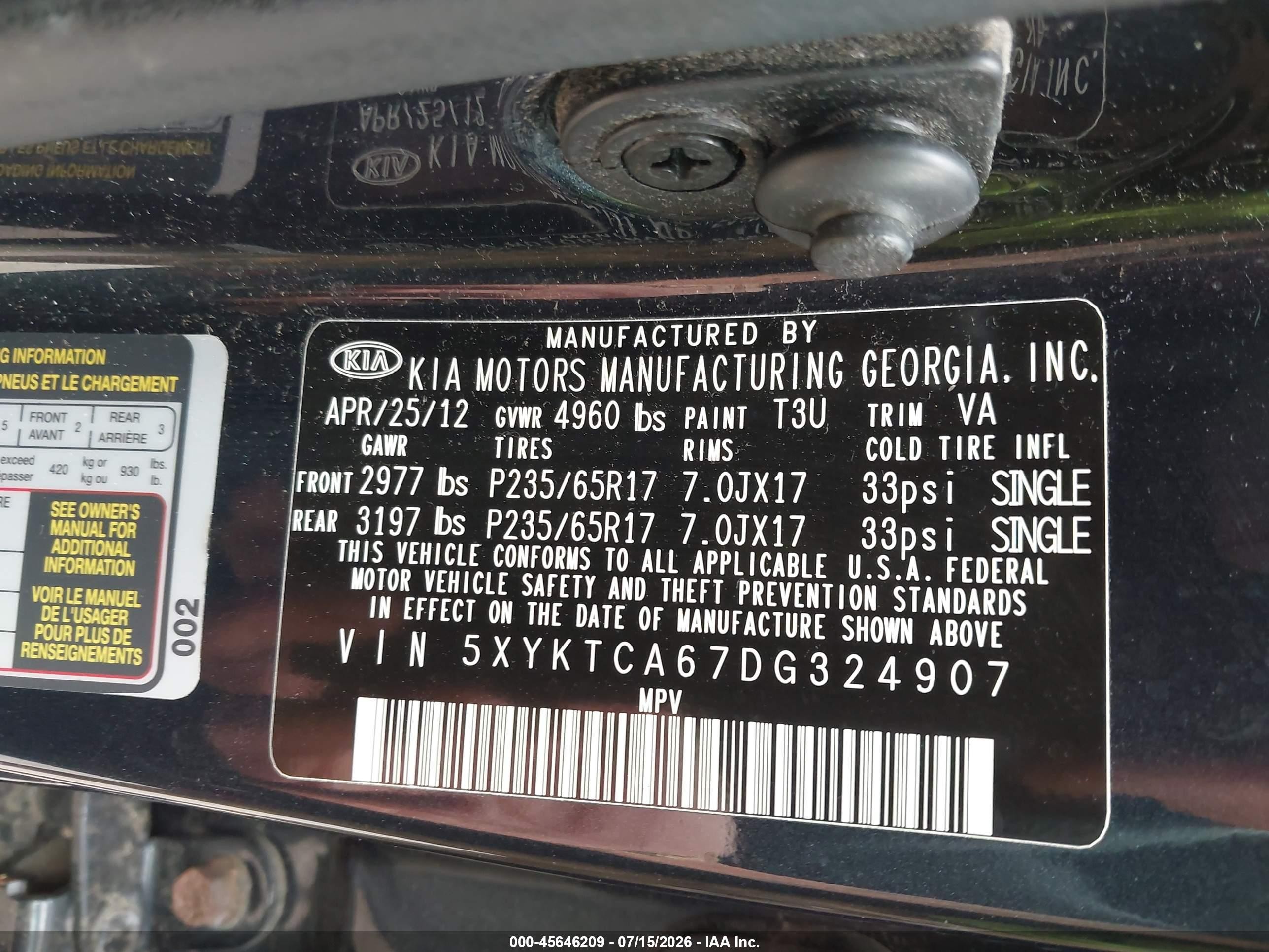 2013 Kia Sorento Lx Gray vin: 5XYKTCA67DG324907