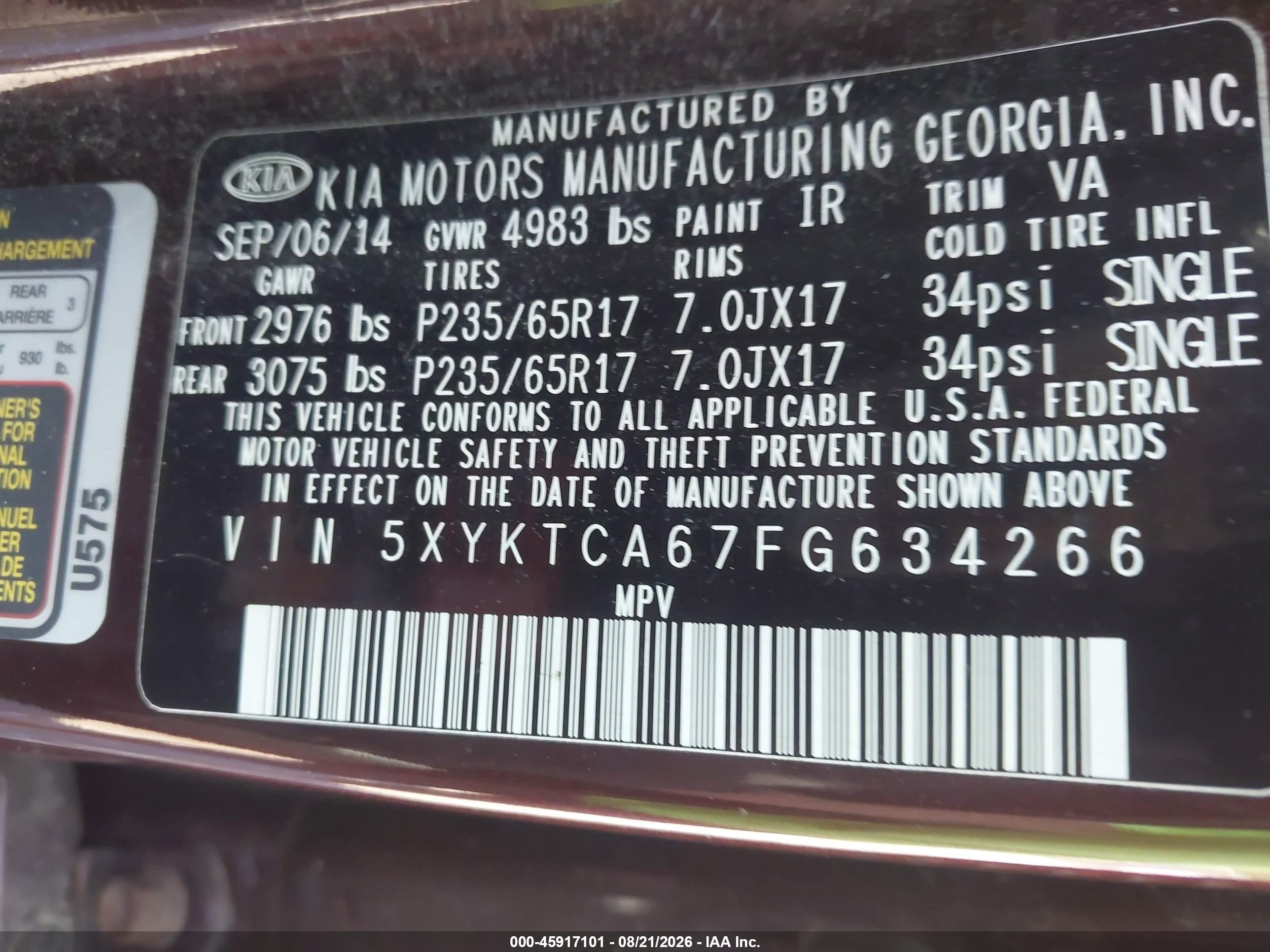 2015 Kia Sorento Lx Burgundy vin: 5XYKTCA67FG634266