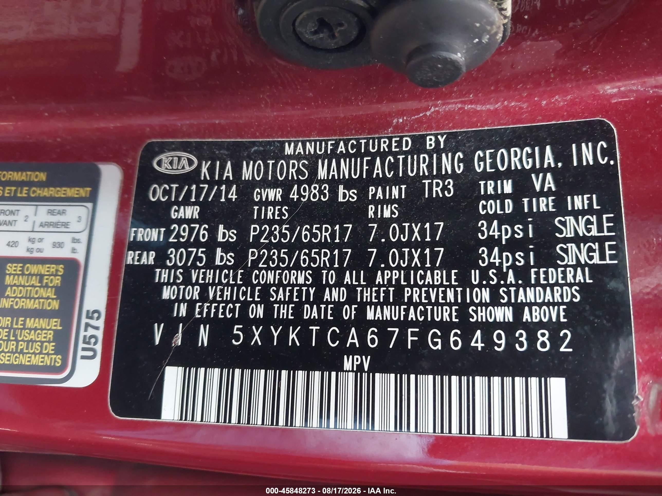 2015 Kia Sorento Lx Red vin: 5XYKTCA67FG649382