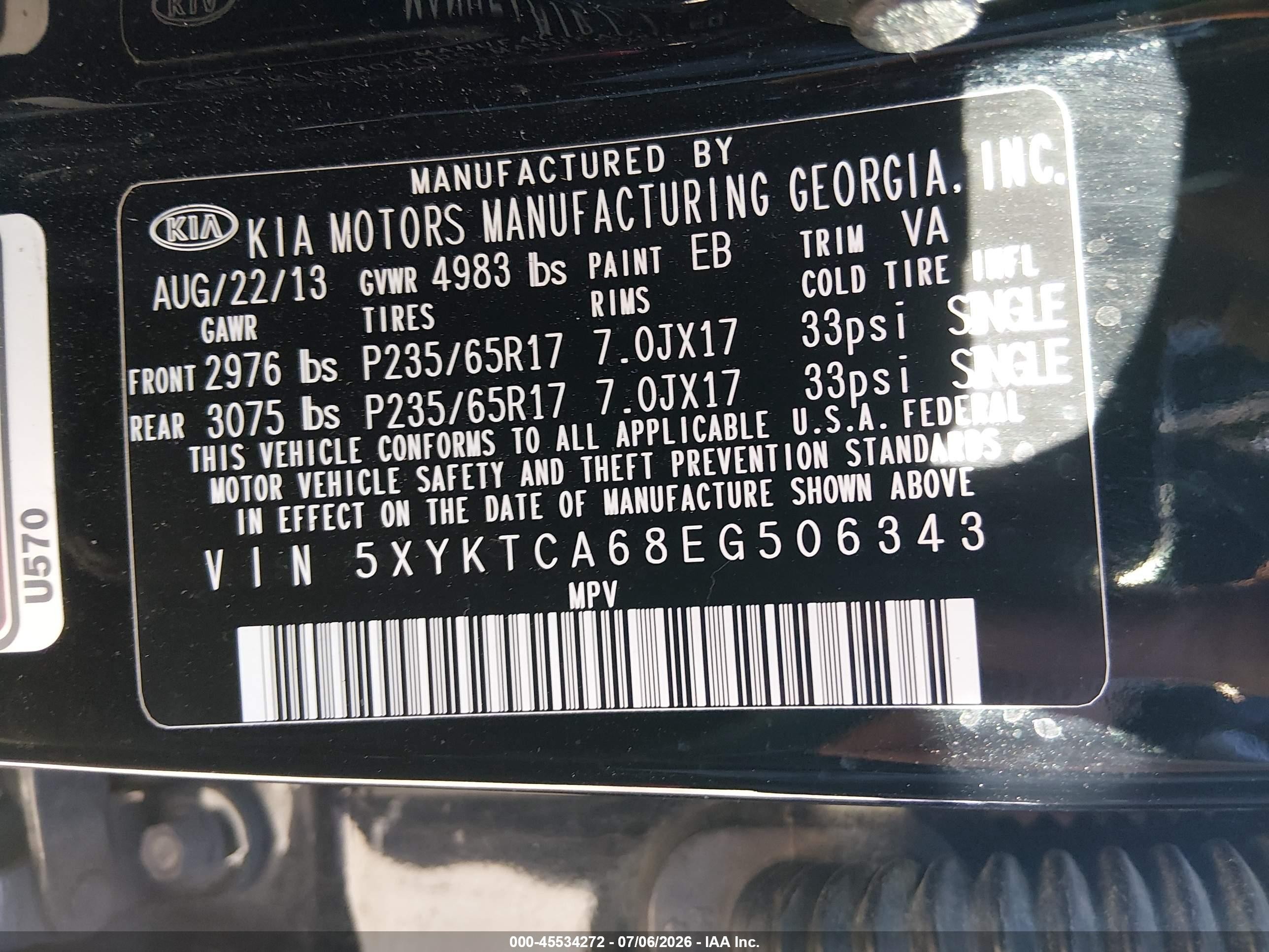 2014 Kia Sorento Lx Black vin: 5XYKTCA68EG506343