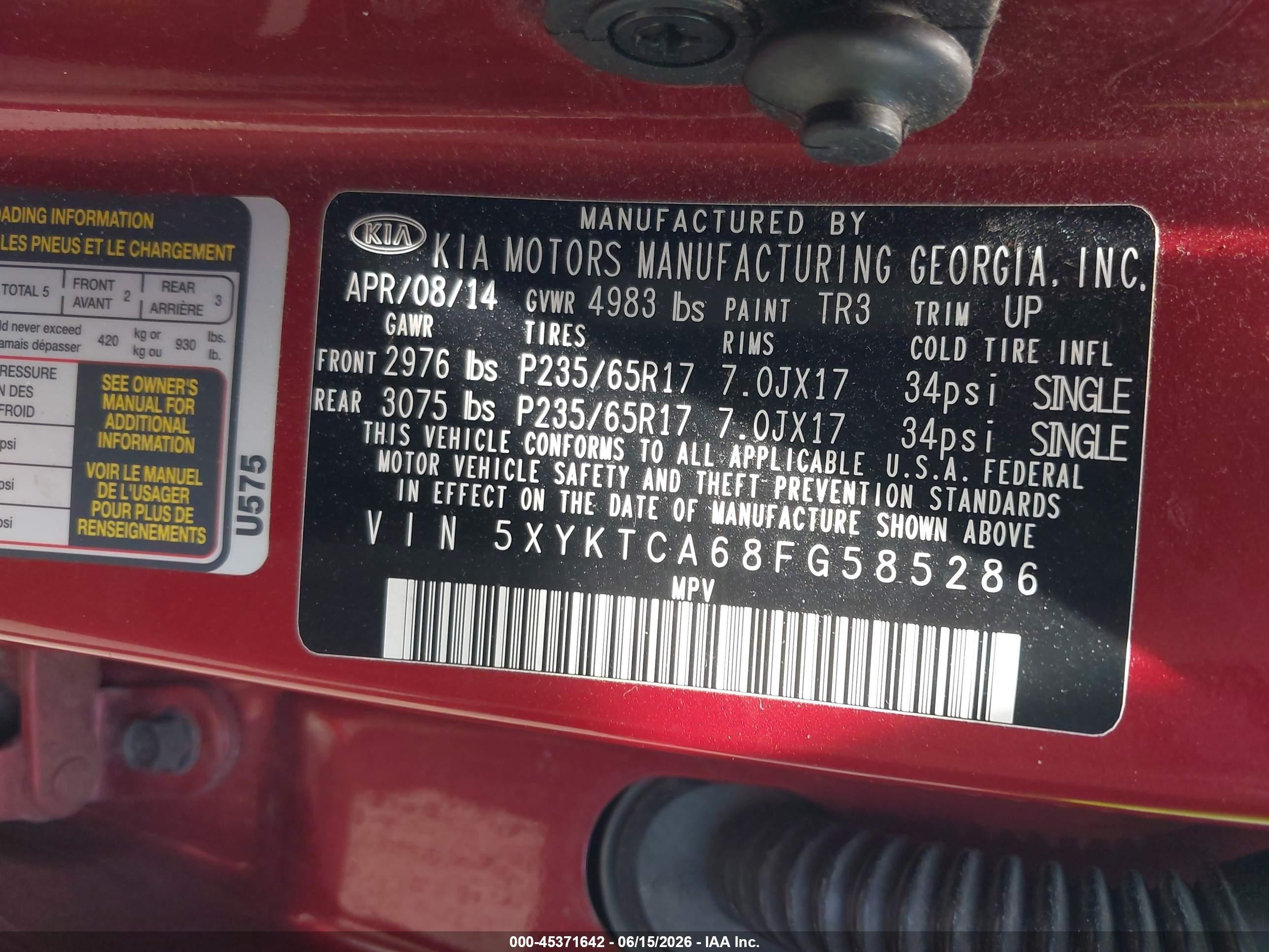 2015 Kia Sorento Lx Red vin: 5XYKTCA68FG585286