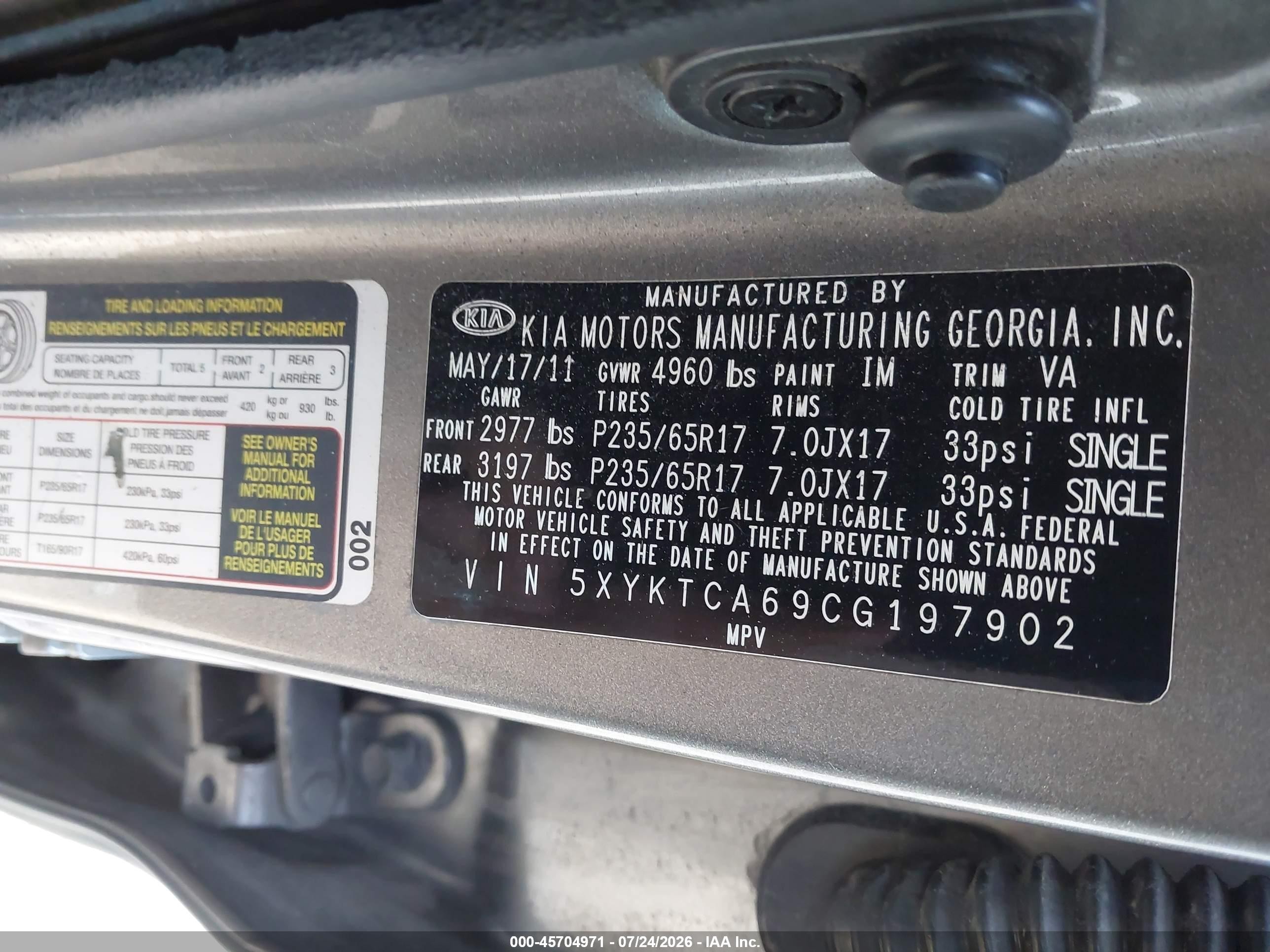 2012 Kia Sorento Lx Gray vin: 5XYKTCA69CG197902