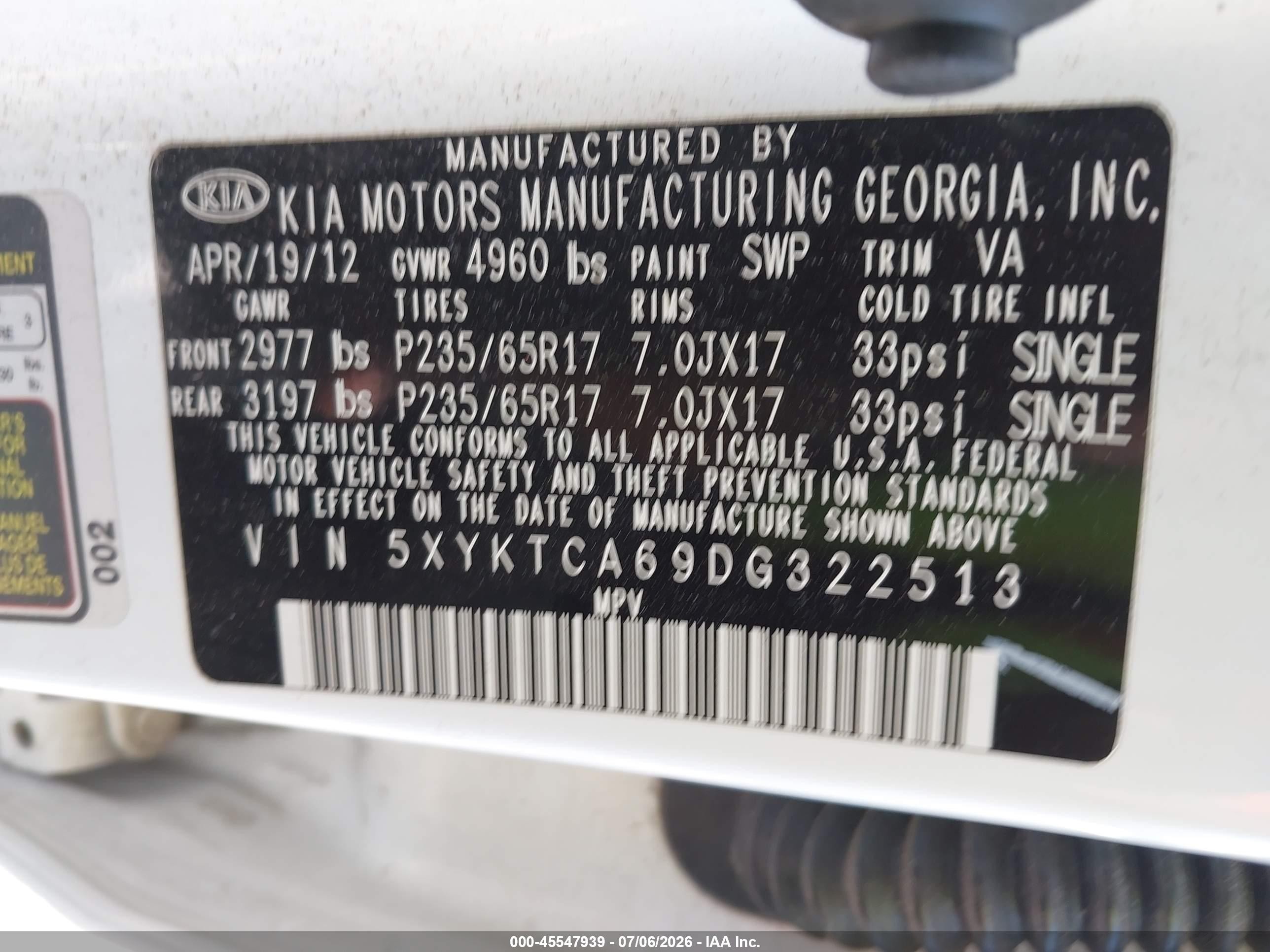 2013 Kia Sorento Lx White vin: 5XYKTCA69DG322513