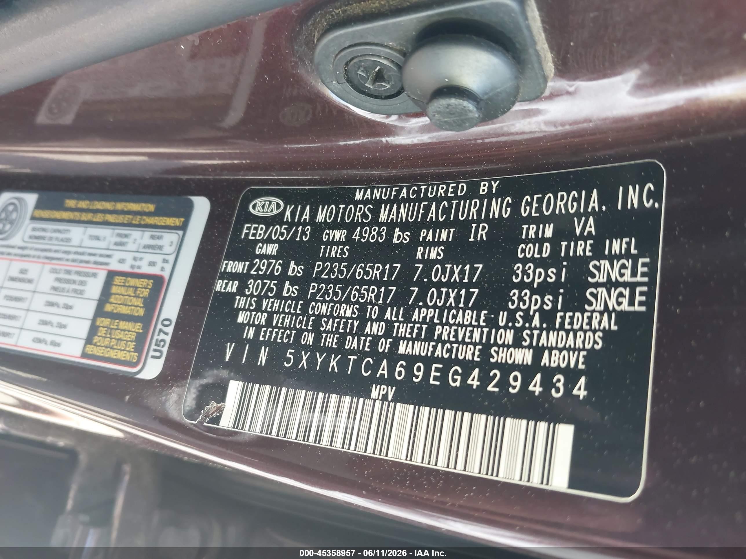 2014 Kia Sorento Lx Бордовый vin: 5XYKTCA69EG429434