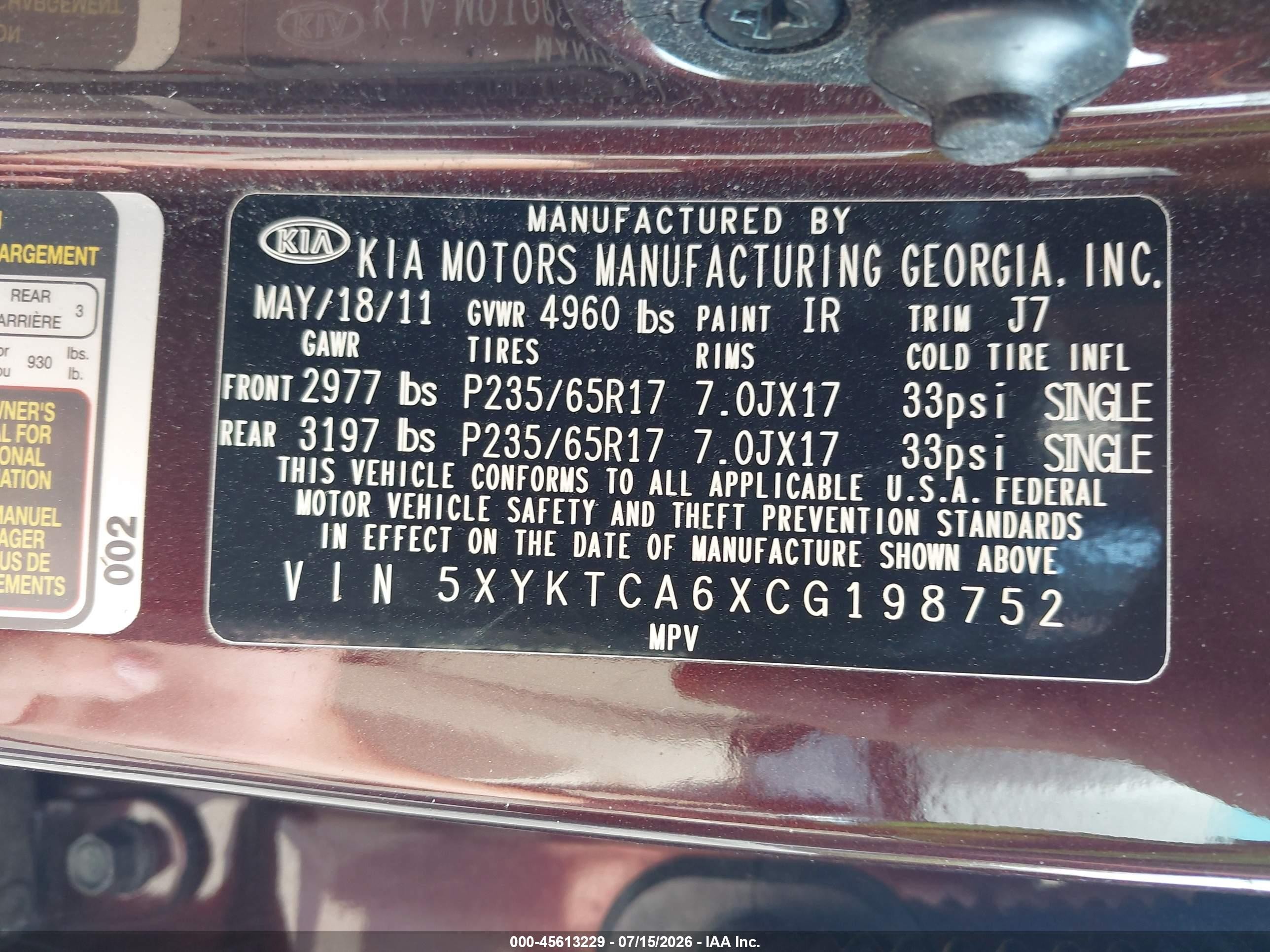 2012 Kia Sorento Lx Maroon vin: 5XYKTCA6XCG198752