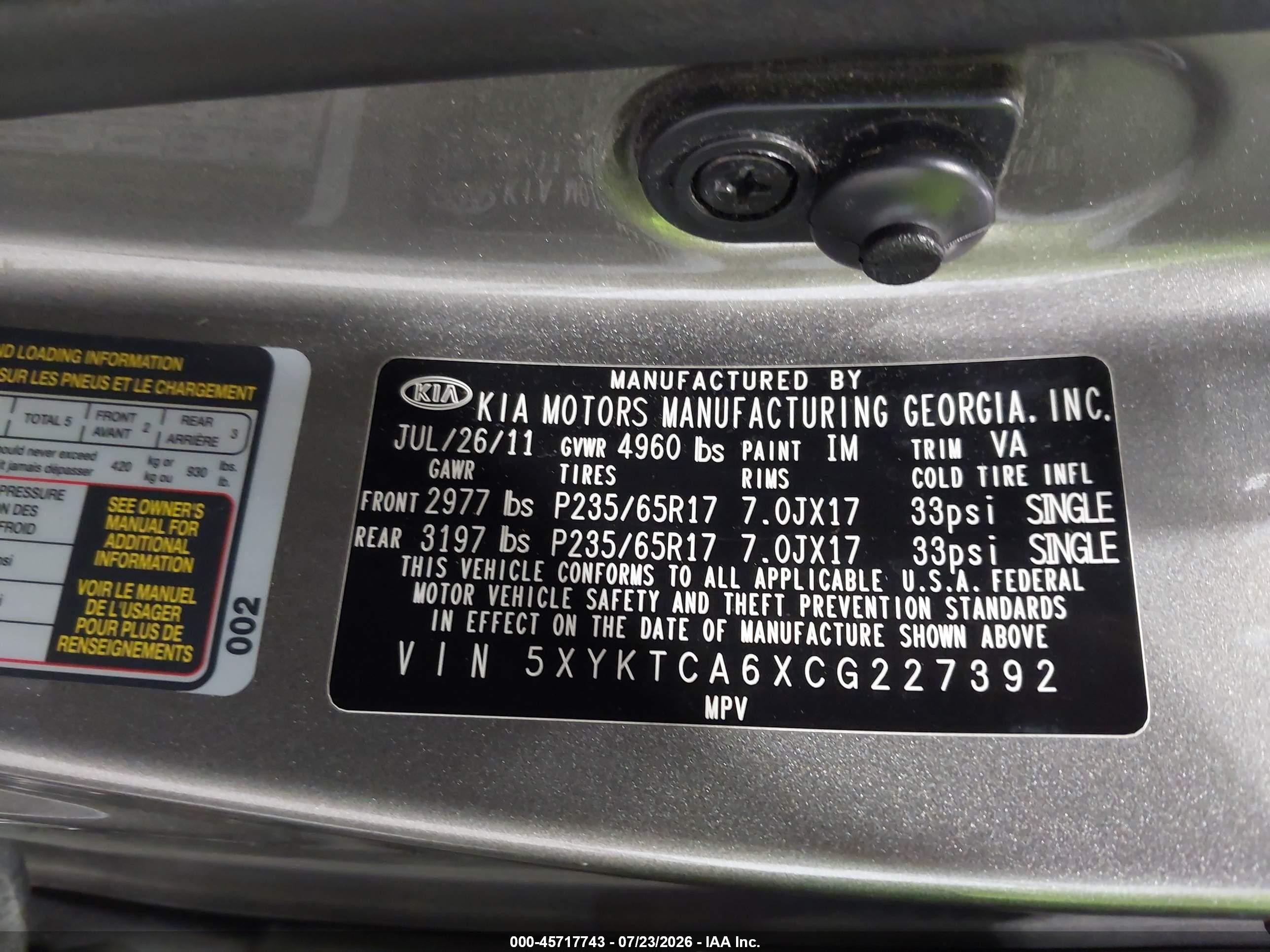 2012 Kia Sorento Lx Серый vin: 5XYKTCA6XCG227392