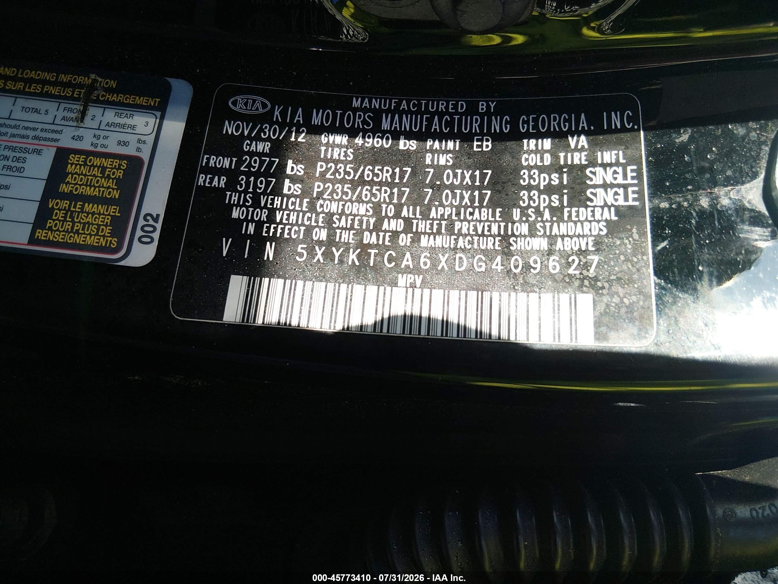 2013 Kia Sorento Lx Black vin: 5XYKTCA6XDG409627