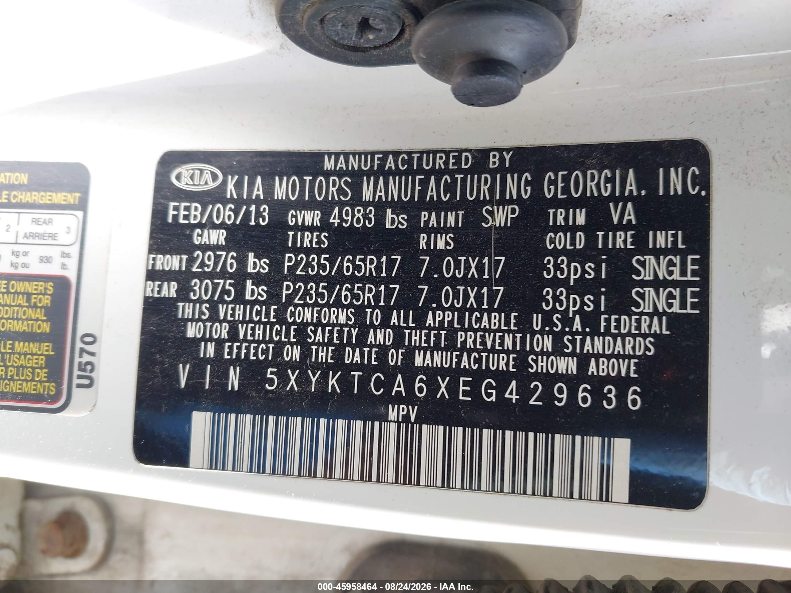 2014 Kia Sorento Lx White vin: 5XYKTCA6XEG429636