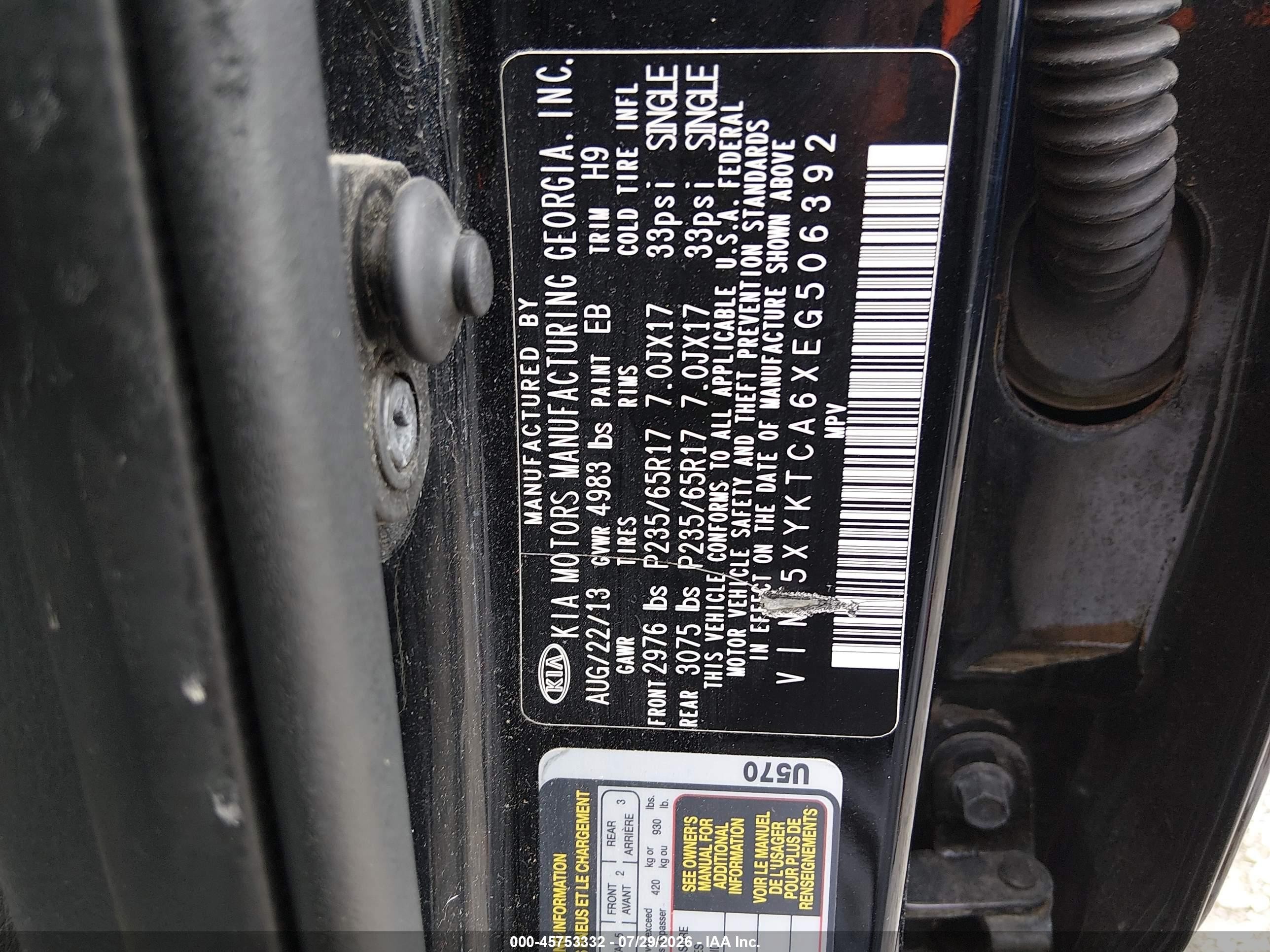 2014 Kia Sorento Lx Black vin: 5XYKTCA6XEG506392