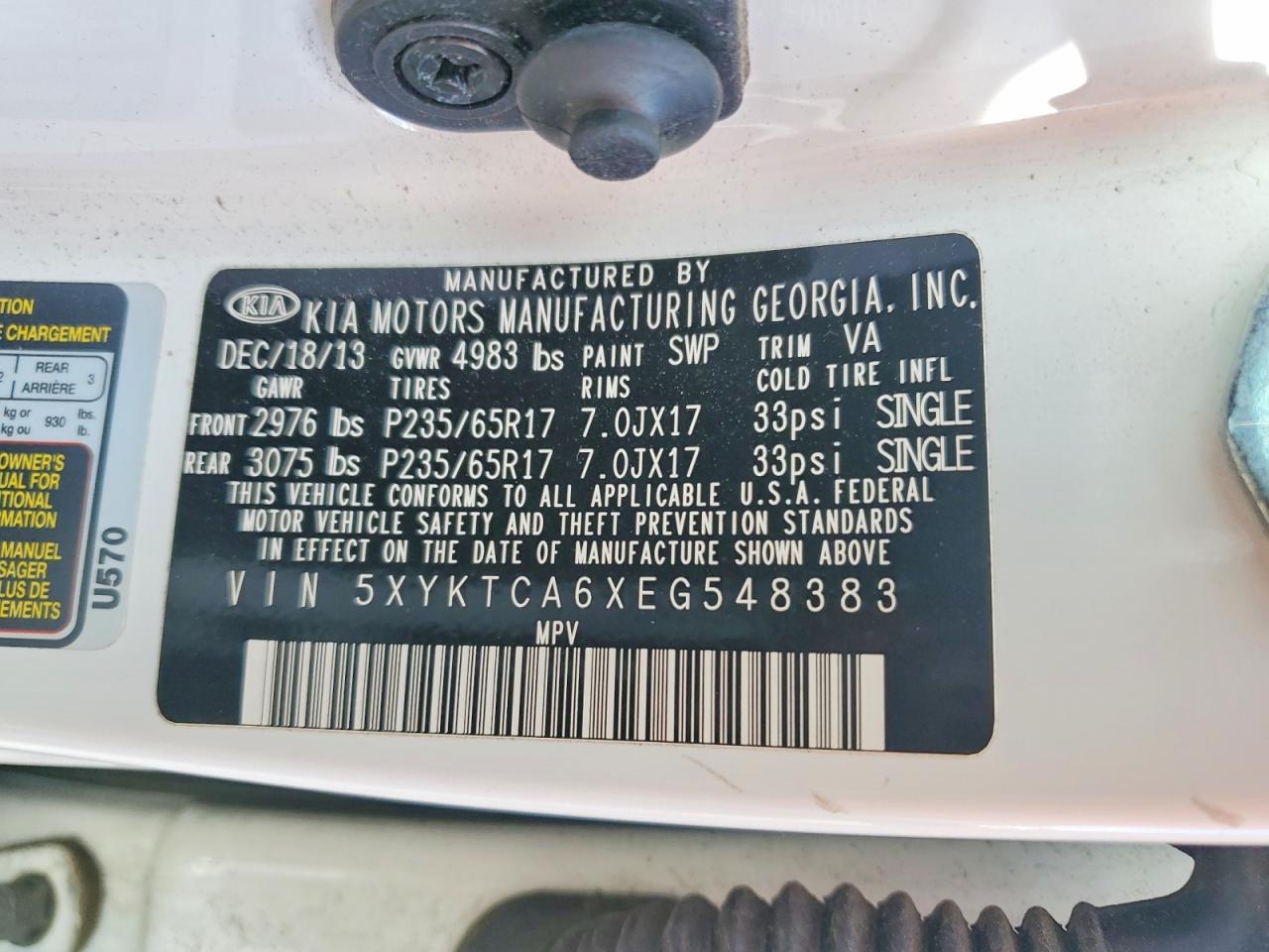 2014 Kia Sorento Lx Белый vin: 5XYKTCA6XEG548383