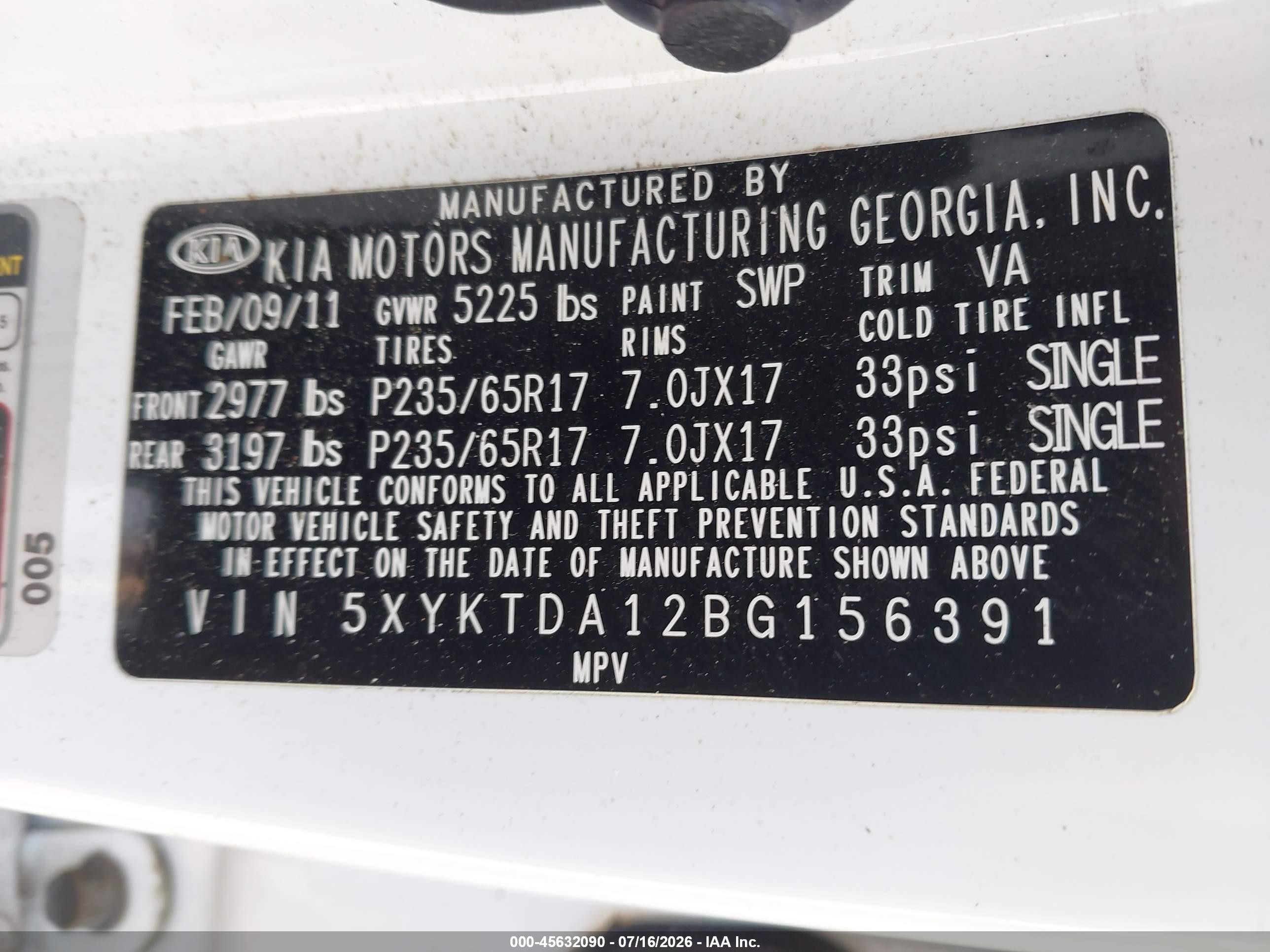 2011 Kia Sorento Lx Белый vin: 5XYKTDA12BG156391