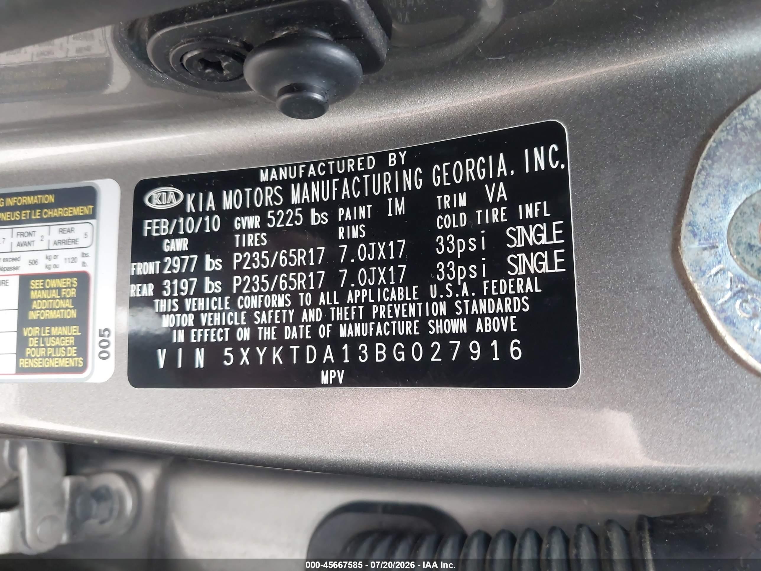 2011 Kia Sorento Lx Gray vin: 5XYKTDA13BG027916