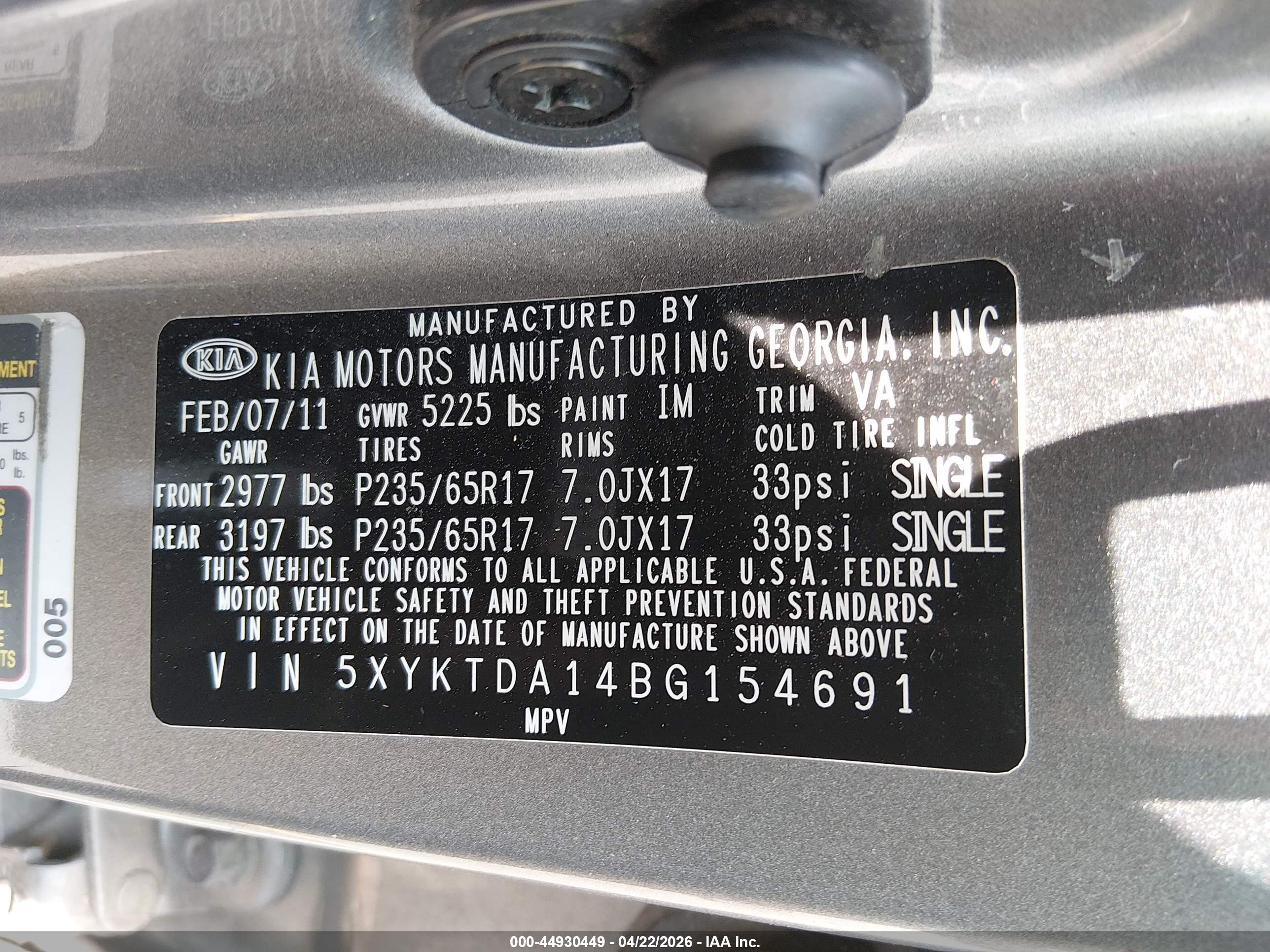 2011 Kia Sorento Lx Gray vin: 5XYKTDA14BG154691