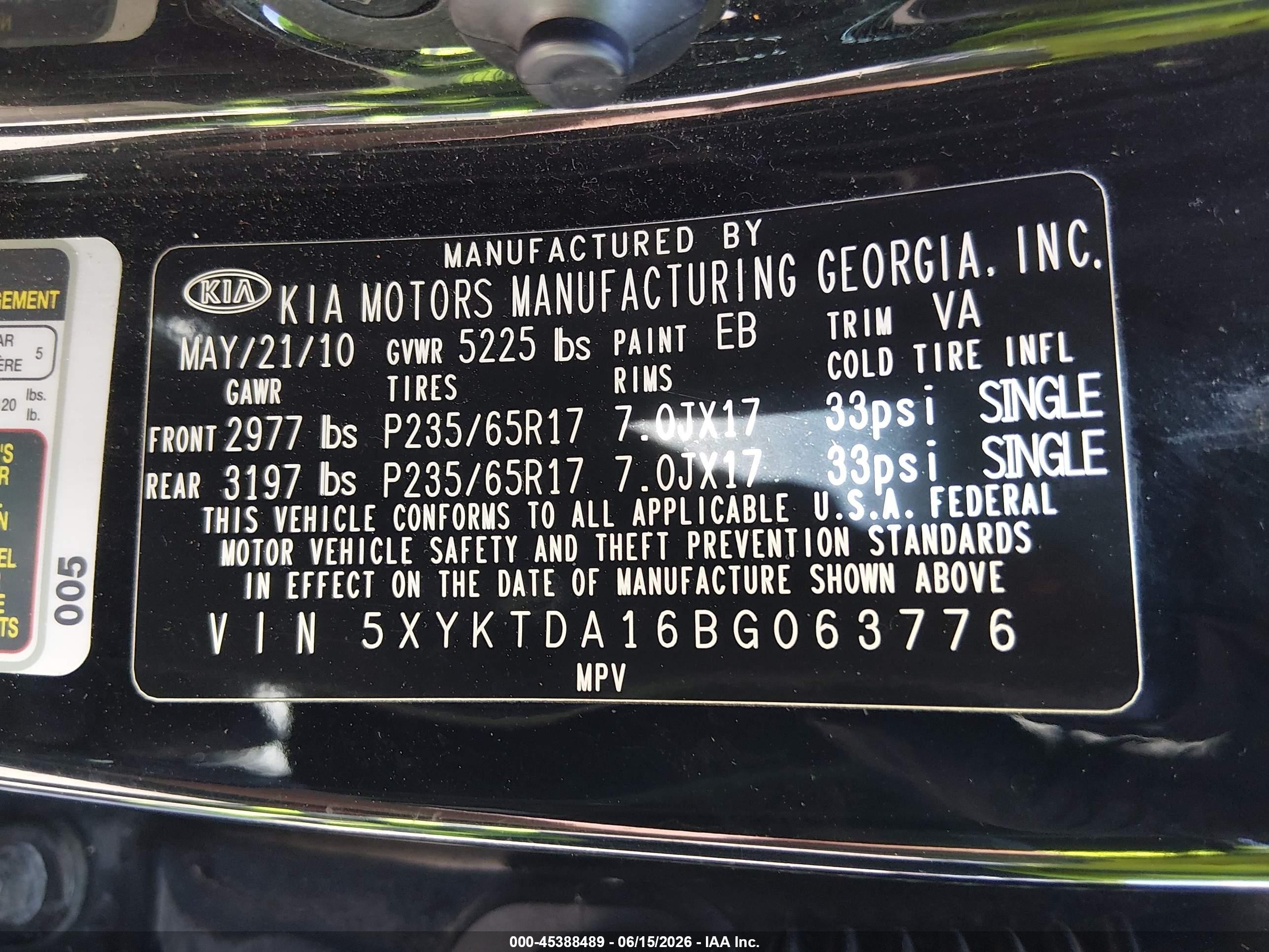 2011 Kia Sorento Lx Black vin: 5XYKTDA16BG063776