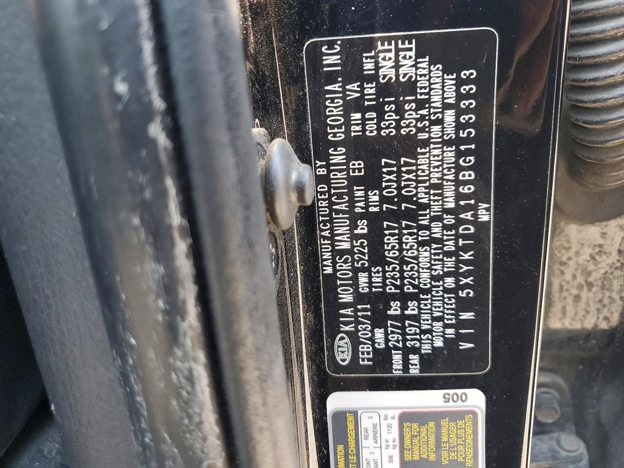 2011 Kia Sorento Lx Black vin: 5XYKTDA16BG153333