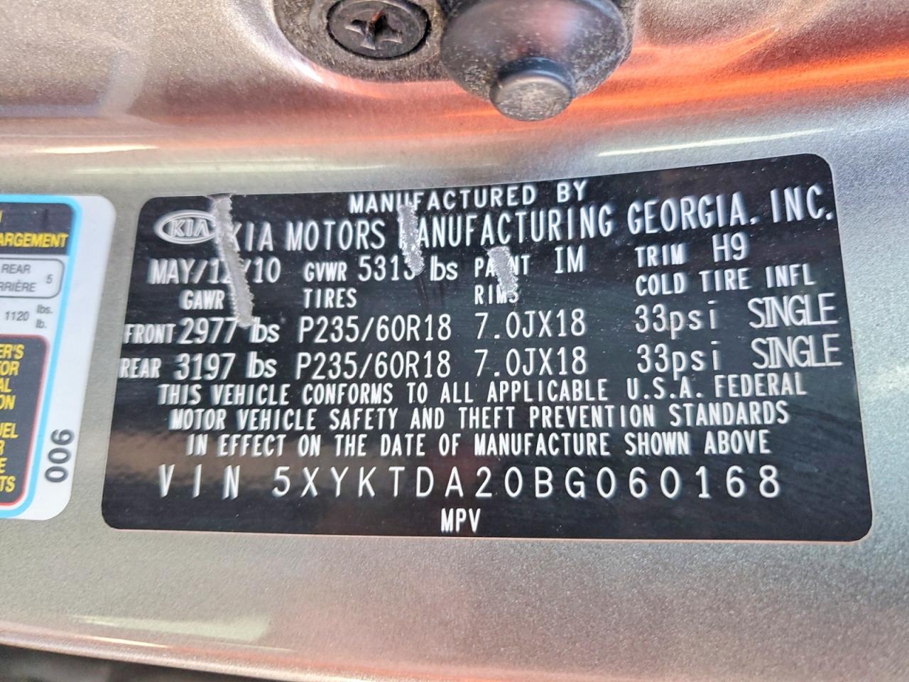 2011 Kia Sorento Lx Серый vin: 5XYKTDA20BG060168