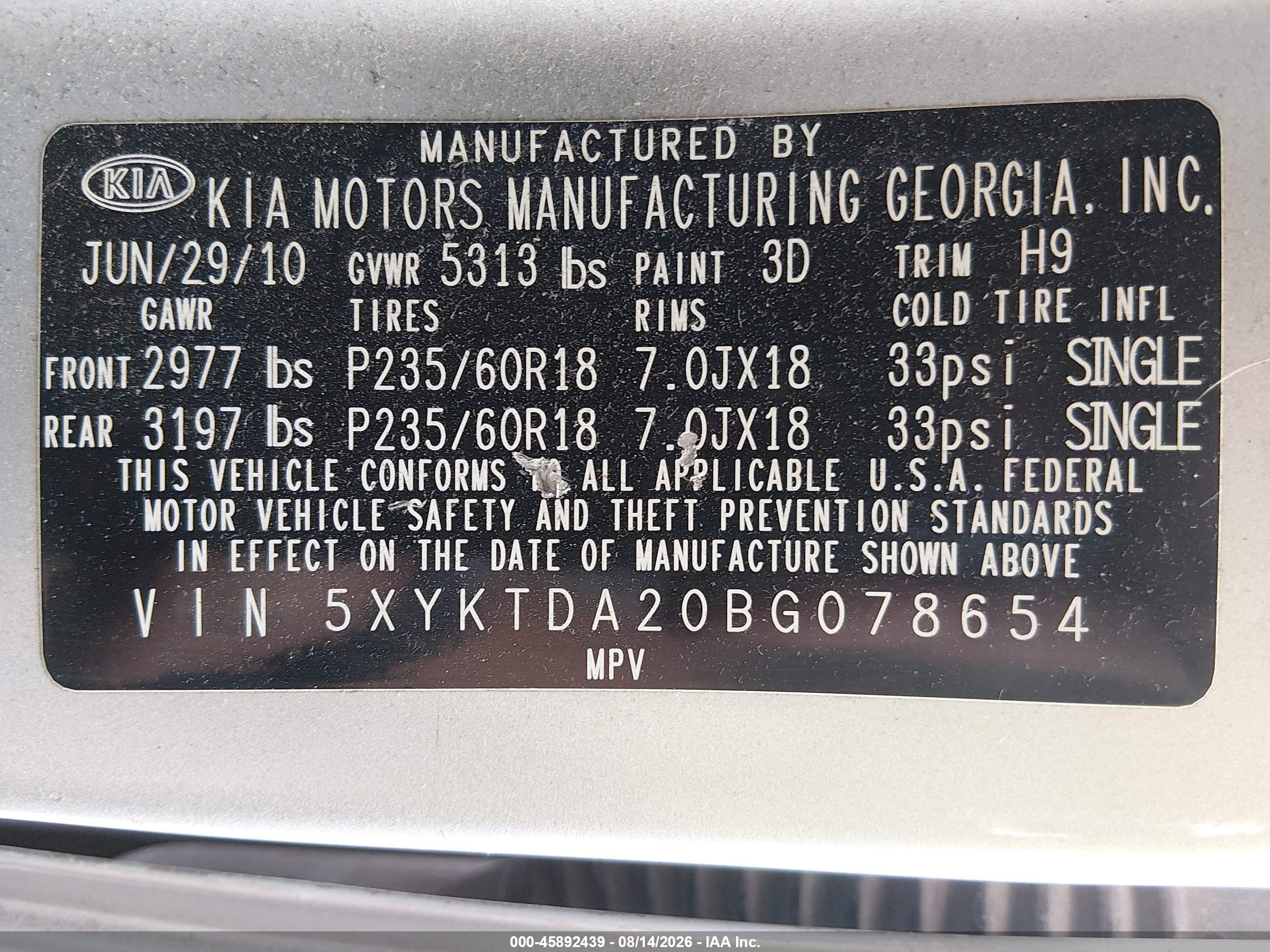 2011 Kia Sorento Lx V6 Gray vin: 5XYKTDA20BG078654