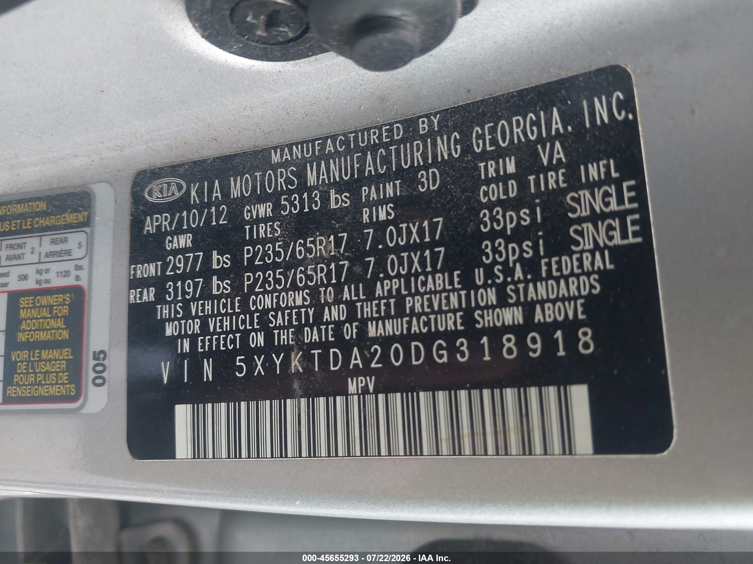 2013 Kia Sorento Lx V6 Silver vin: 5XYKTDA20DG318918