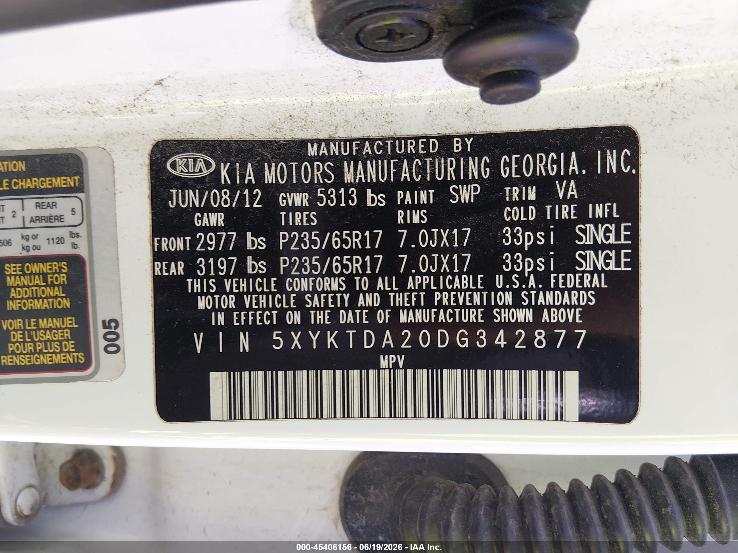 2013 Kia Sorento Lx V6 White vin: 5XYKTDA20DG342877