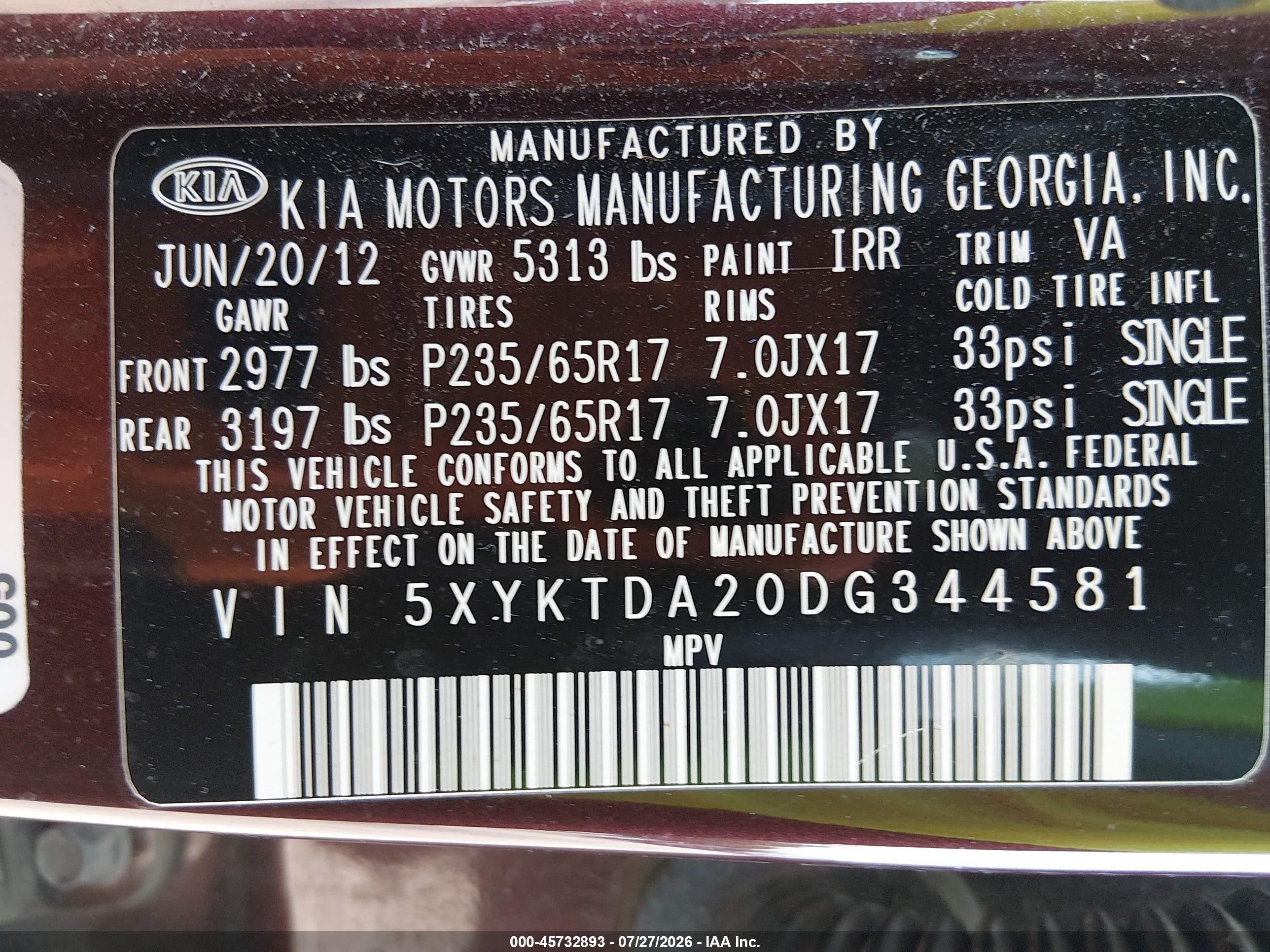 2013 Kia Sorento Lx V6 Maroon vin: 5XYKTDA20DG344581