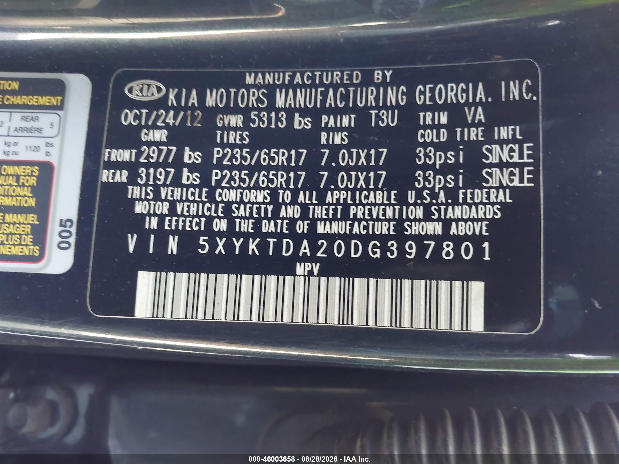 2013 Kia Sorento Lx V6 Black vin: 5XYKTDA20DG397801