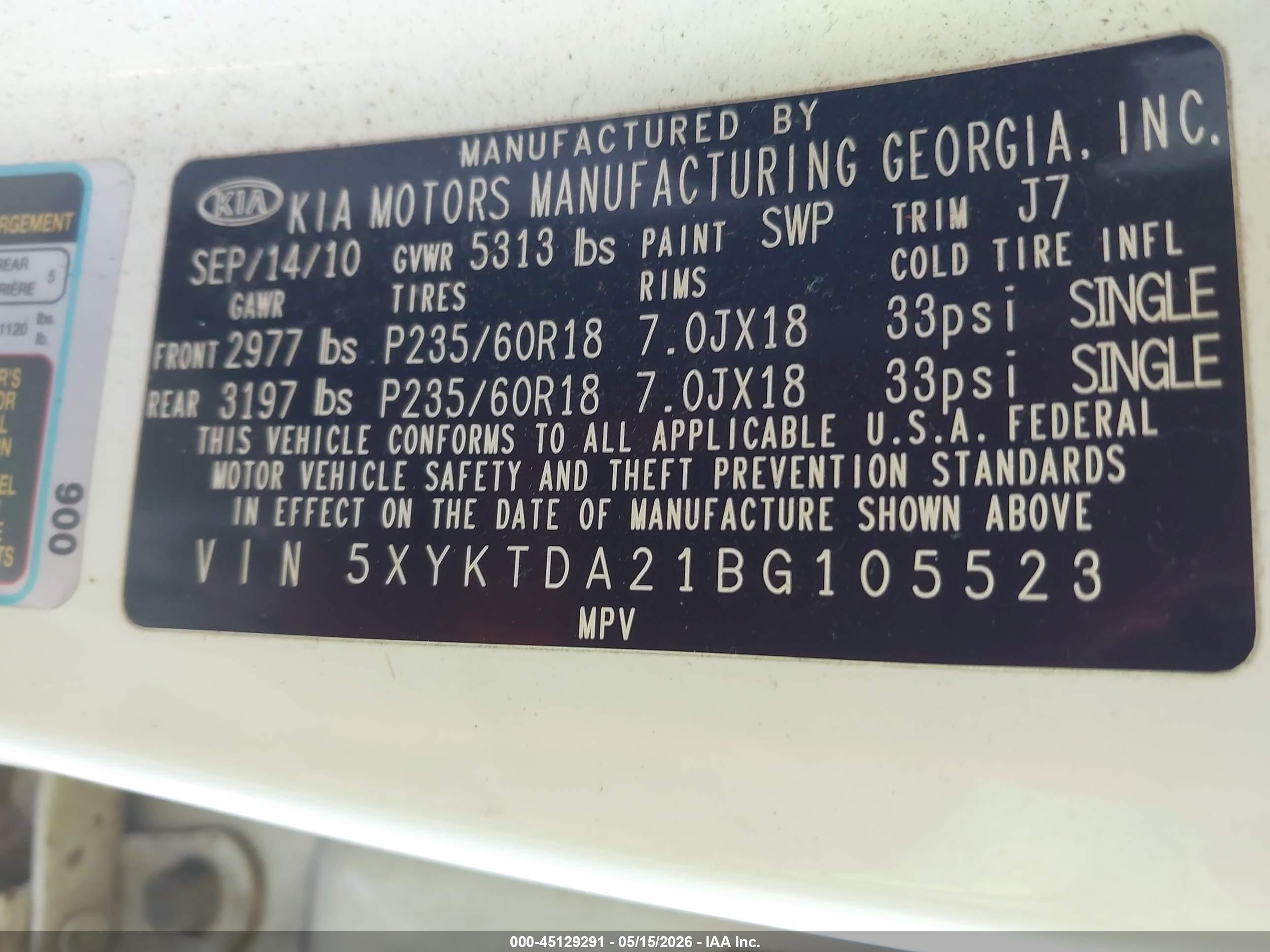 2011 Kia Sorento Lx V6 White vin: 5XYKTDA21BG105523