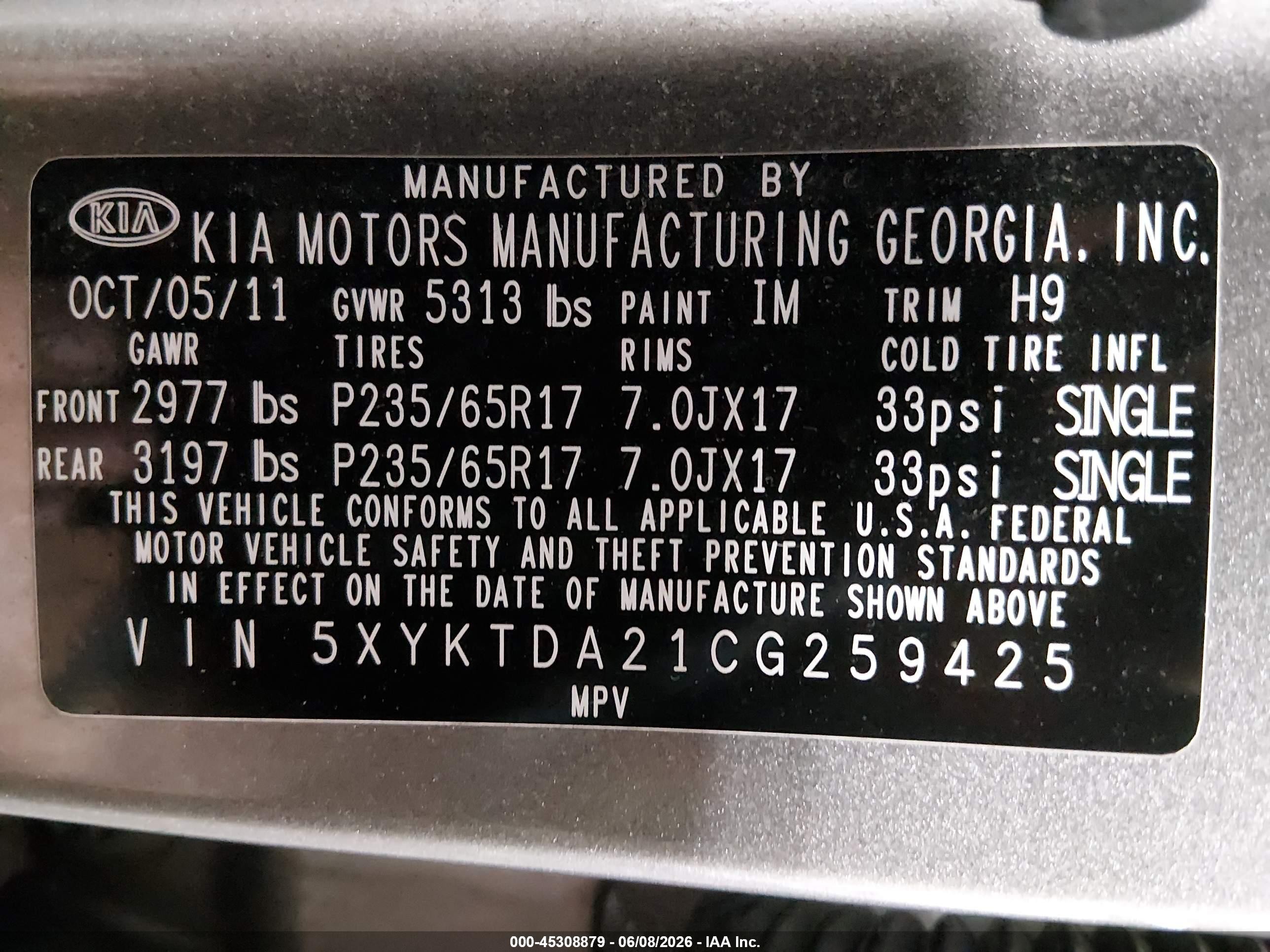 2012 Kia Sorento Lx V6 Gray vin: 5XYKTDA21CG259425
