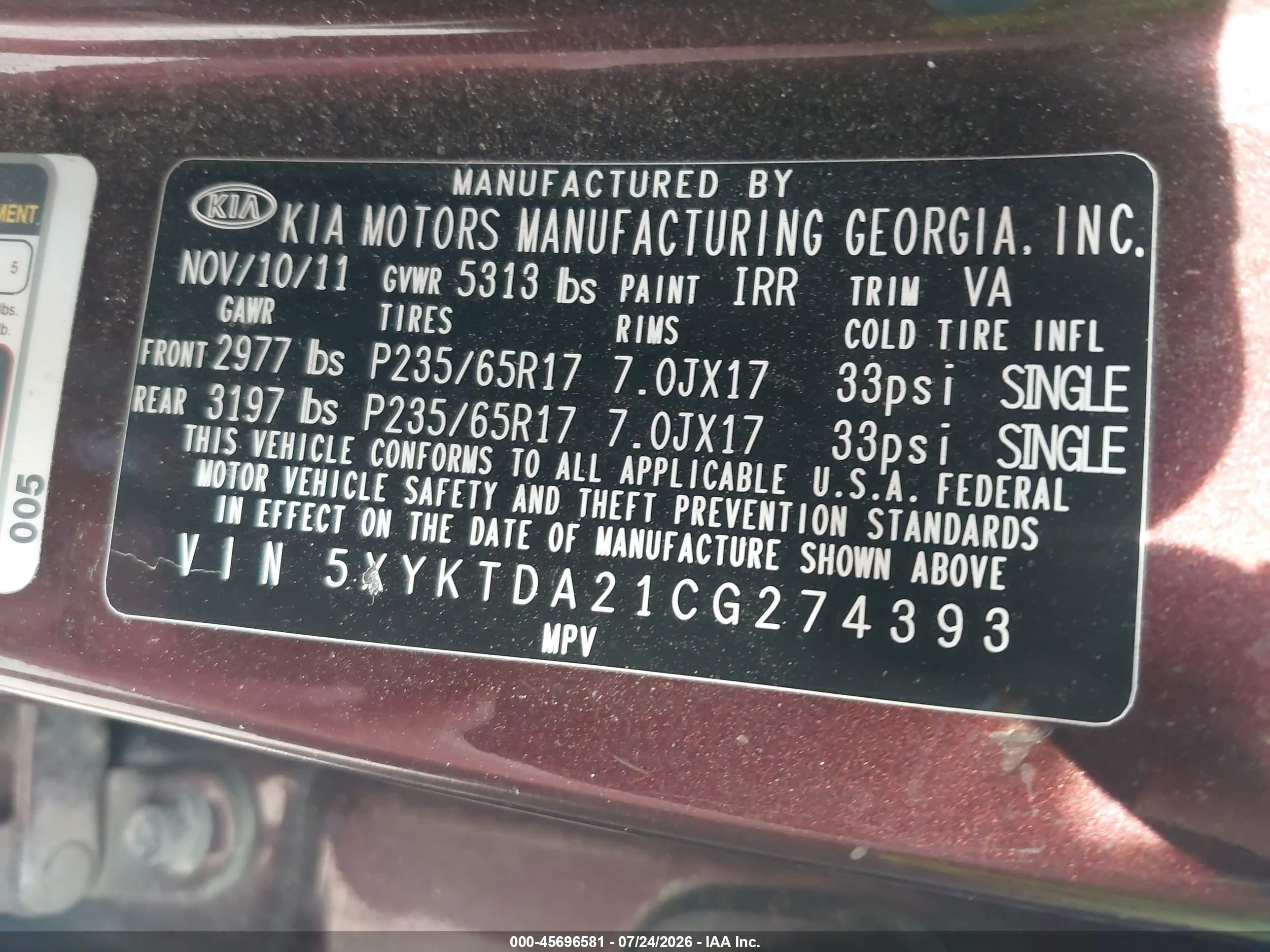 2012 Kia Sorento Lx V6 Purple vin: 5XYKTDA21CG274393