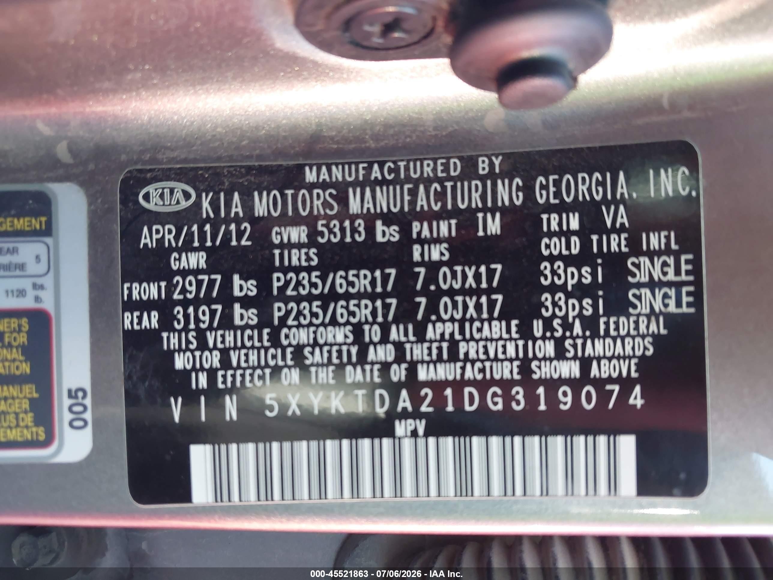 2013 Kia Sorento Lx V6 Gray vin: 5XYKTDA21DG319074
