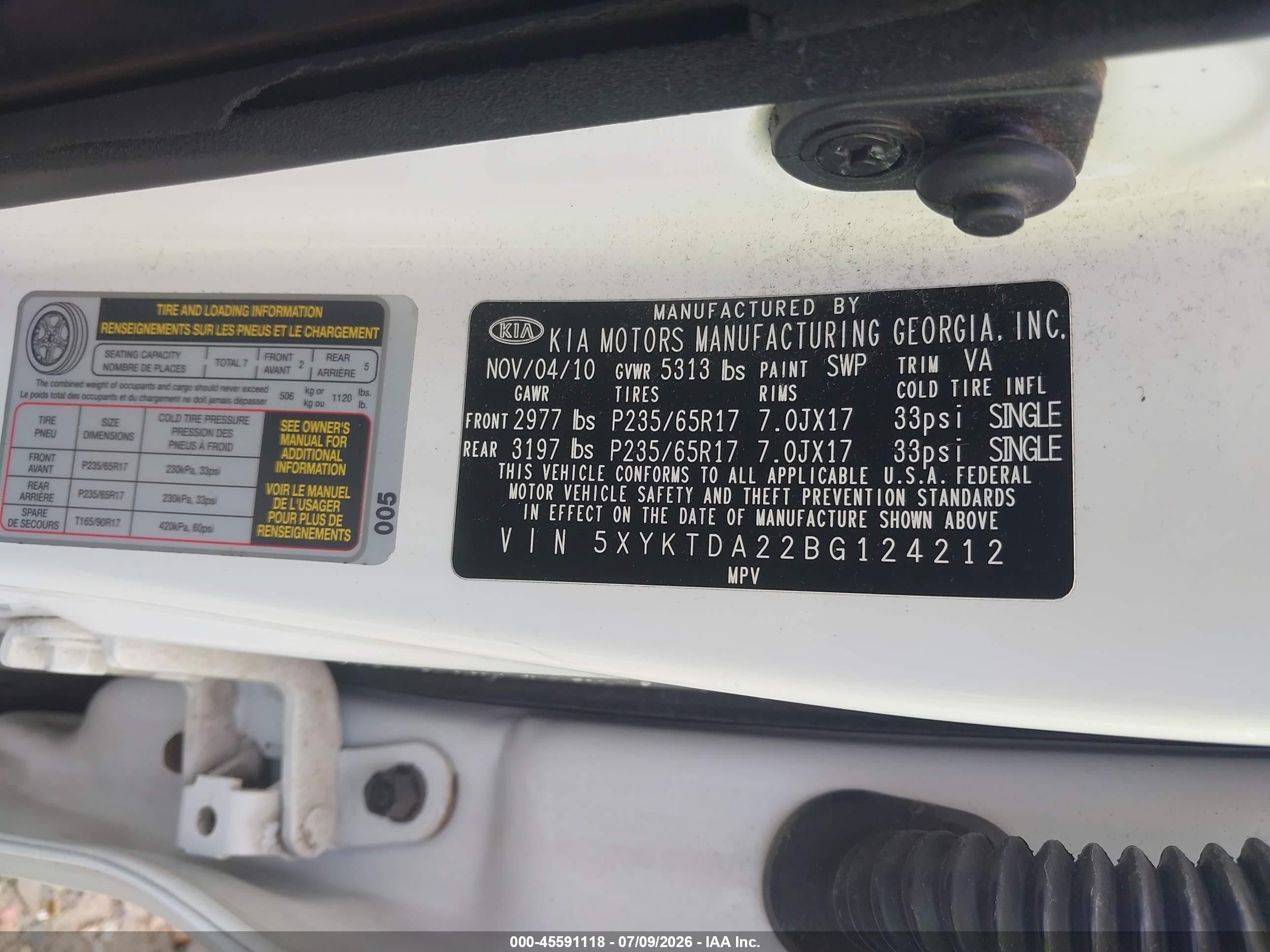 2011 Kia Sorento Lx V6 White vin: 5XYKTDA22BG124212