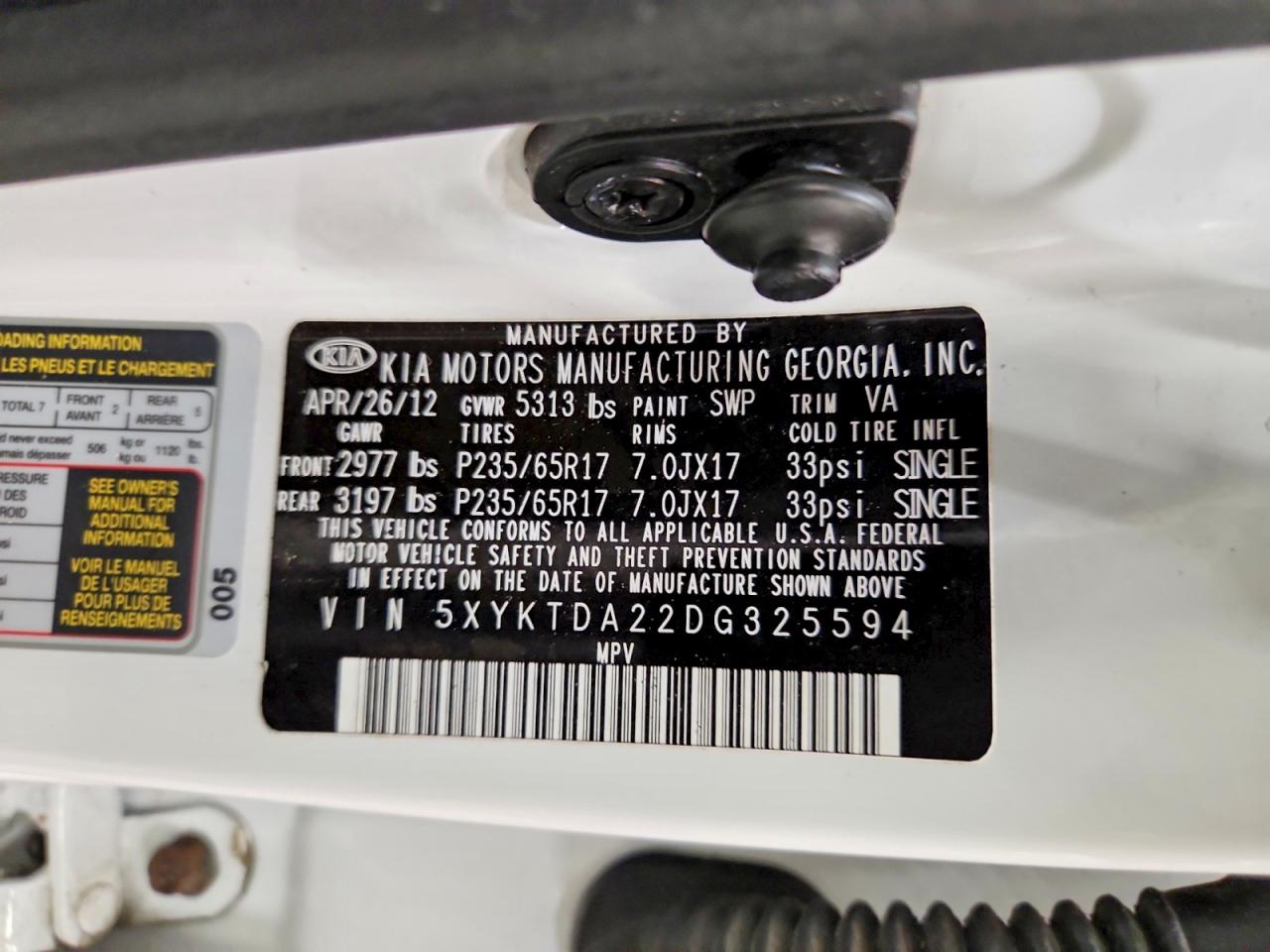 2013 Kia Sorento Lx White vin: 5XYKTDA22DG325594