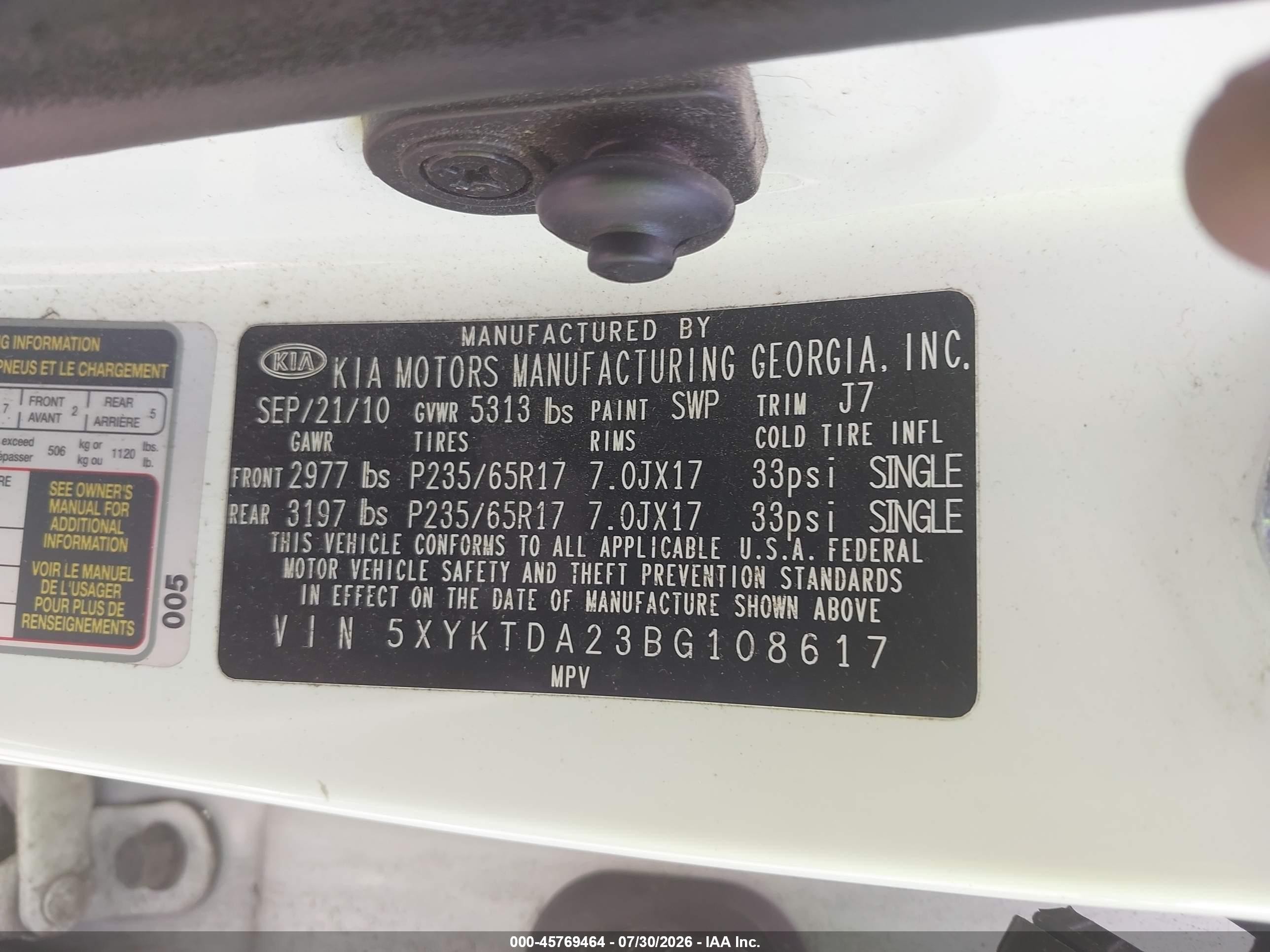 2011 Kia Sorento Lx V6 Белый vin: 5XYKTDA23BG108617