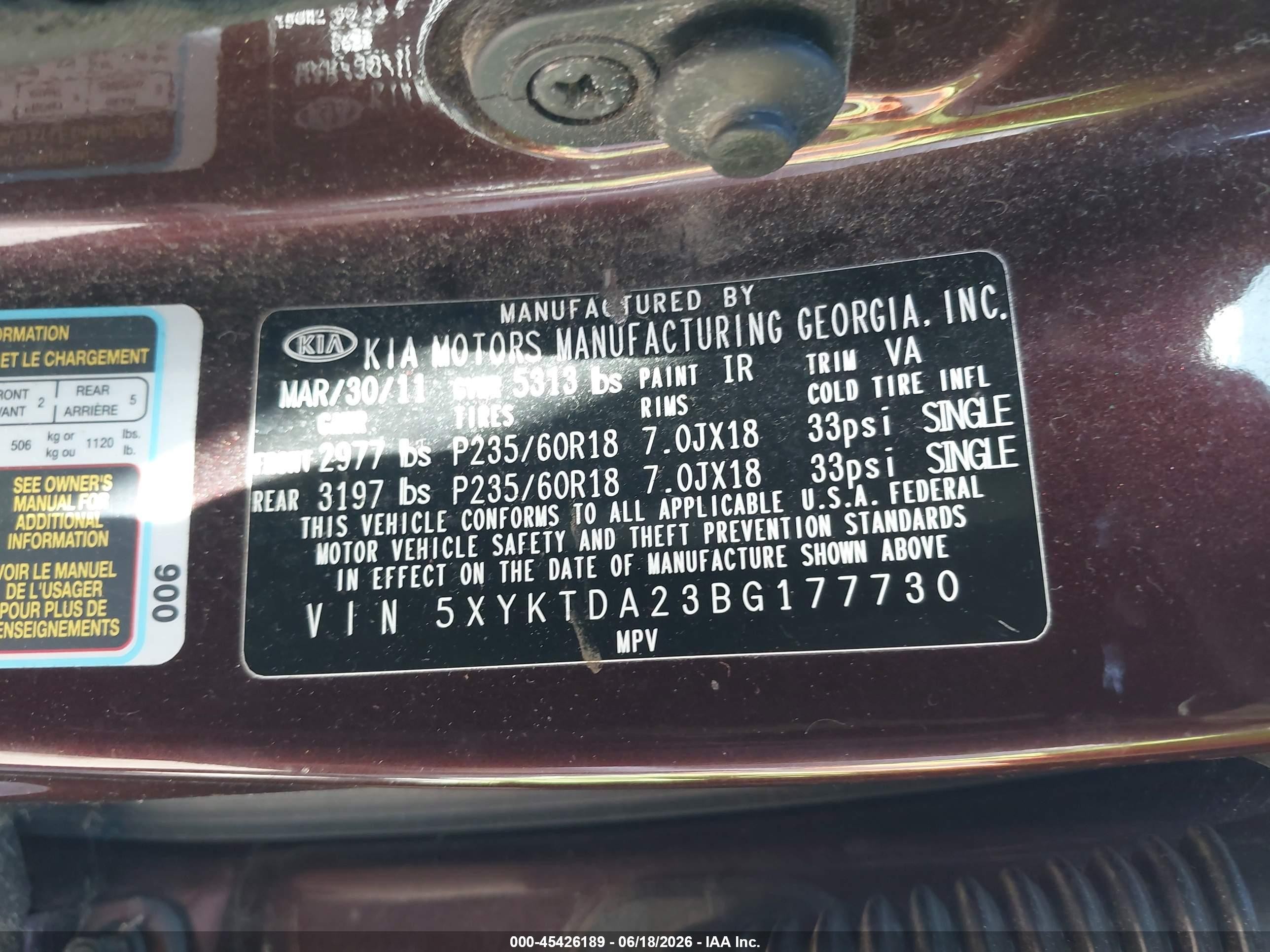 2011 Kia Sorento Lx V6 Maroon vin: 5XYKTDA23BG177730