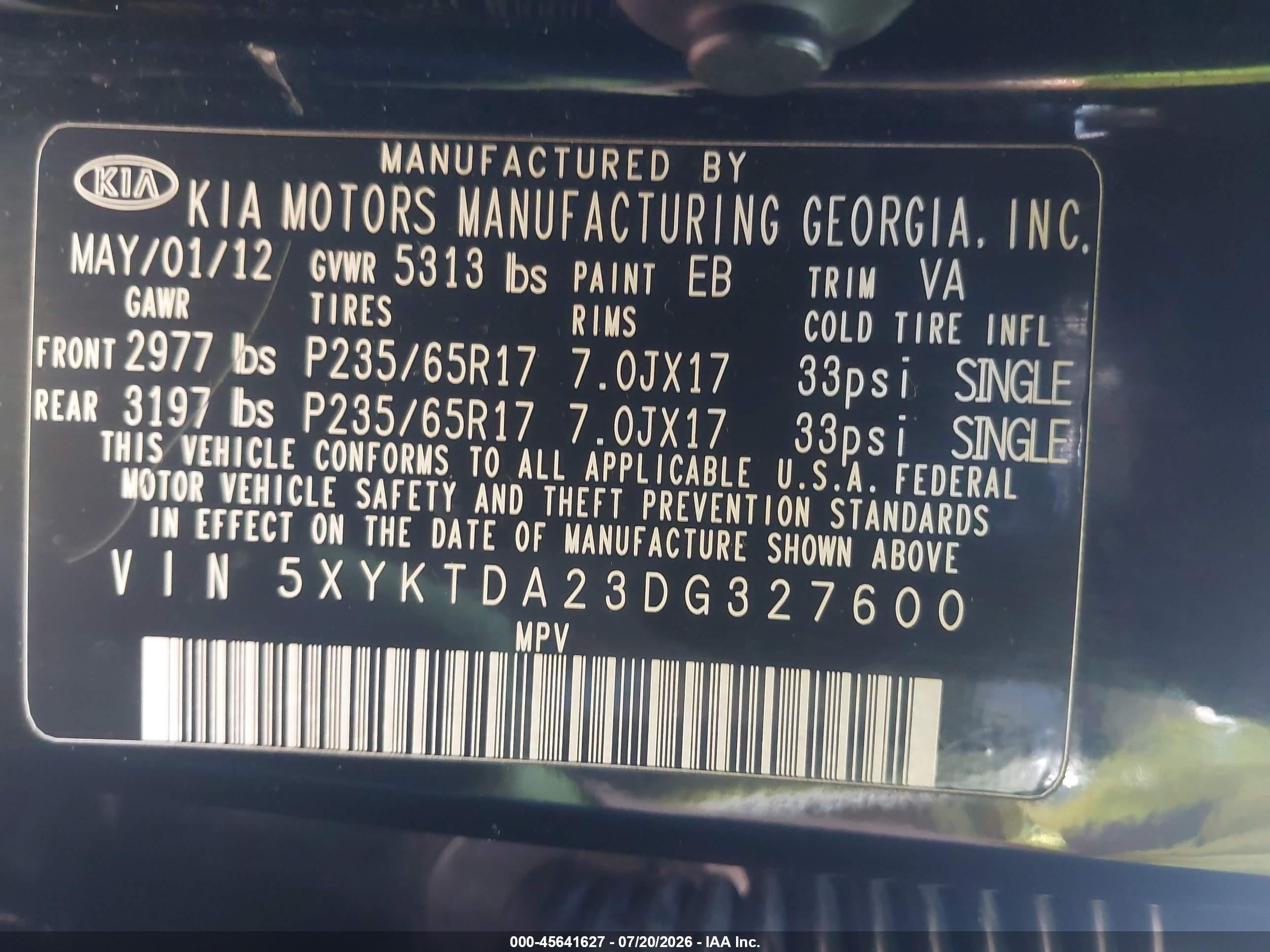 2013 Kia Sorento Lx V6 Black vin: 5XYKTDA23DG327600